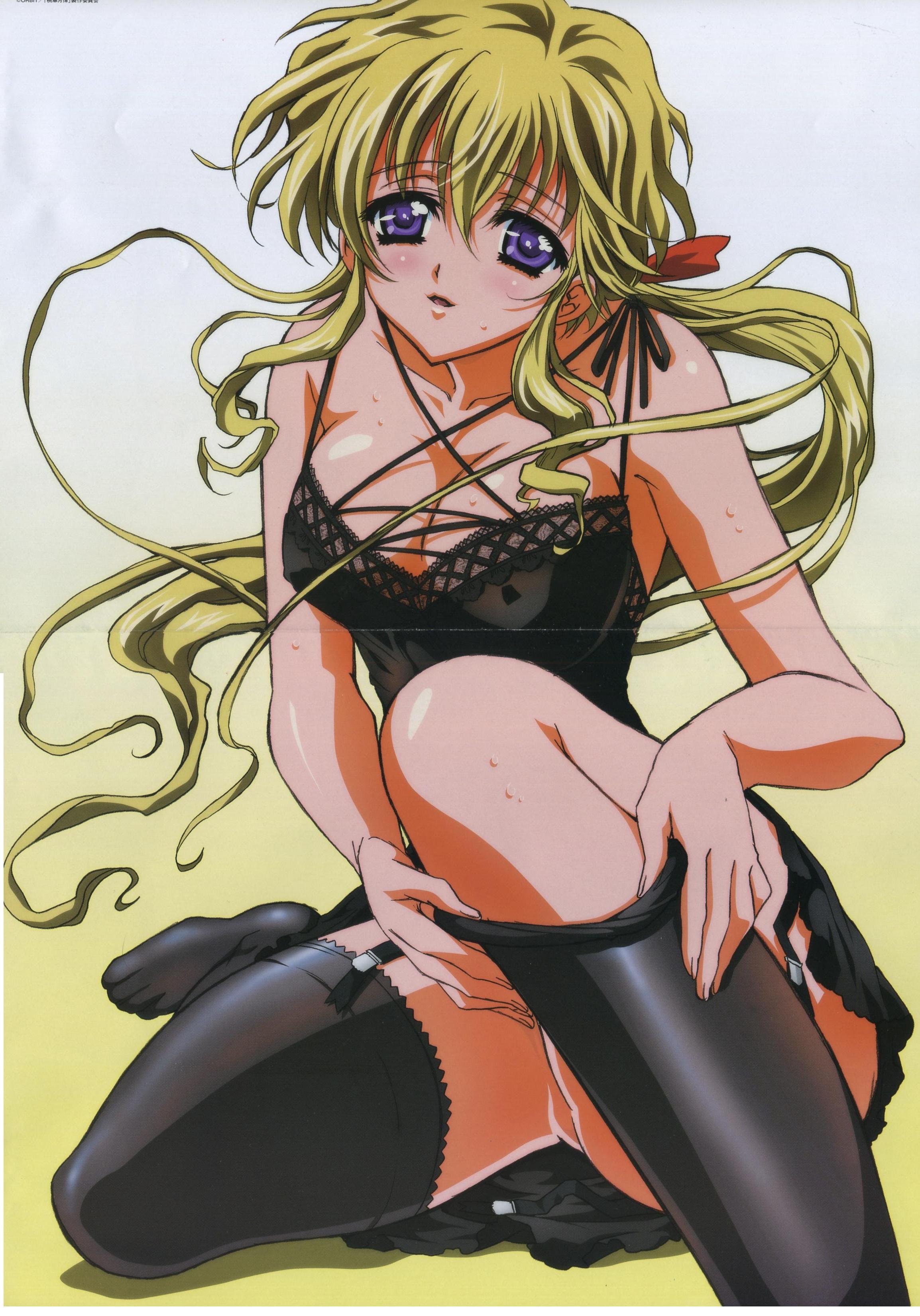 nishida asako, kamiazuma yumiko, megami magazine, touka gettan, absurdres, highres, non-web source, official art, scan, 00s, 1girl, :d, black thighhighs, blonde hair, blue eyes, blush, breasts, censored, chemise, cleavage, convenient censoring, convenient leg, covered erect nipples, crease, criss-cross halter, female focus, floating hair, garter straps, gradient background, hair between eyes, hair ribbon, halterneck, lace, large breasts, lingerie, long hair, naughty face, open mouth, partially visible vulva, ponytail, ribbon, see-through clothes, shadow, sidelocks, sitting, smile, solo, sweat, thighhighs, thighhighs pull, underwear, underwear only, undressing, wavy hair