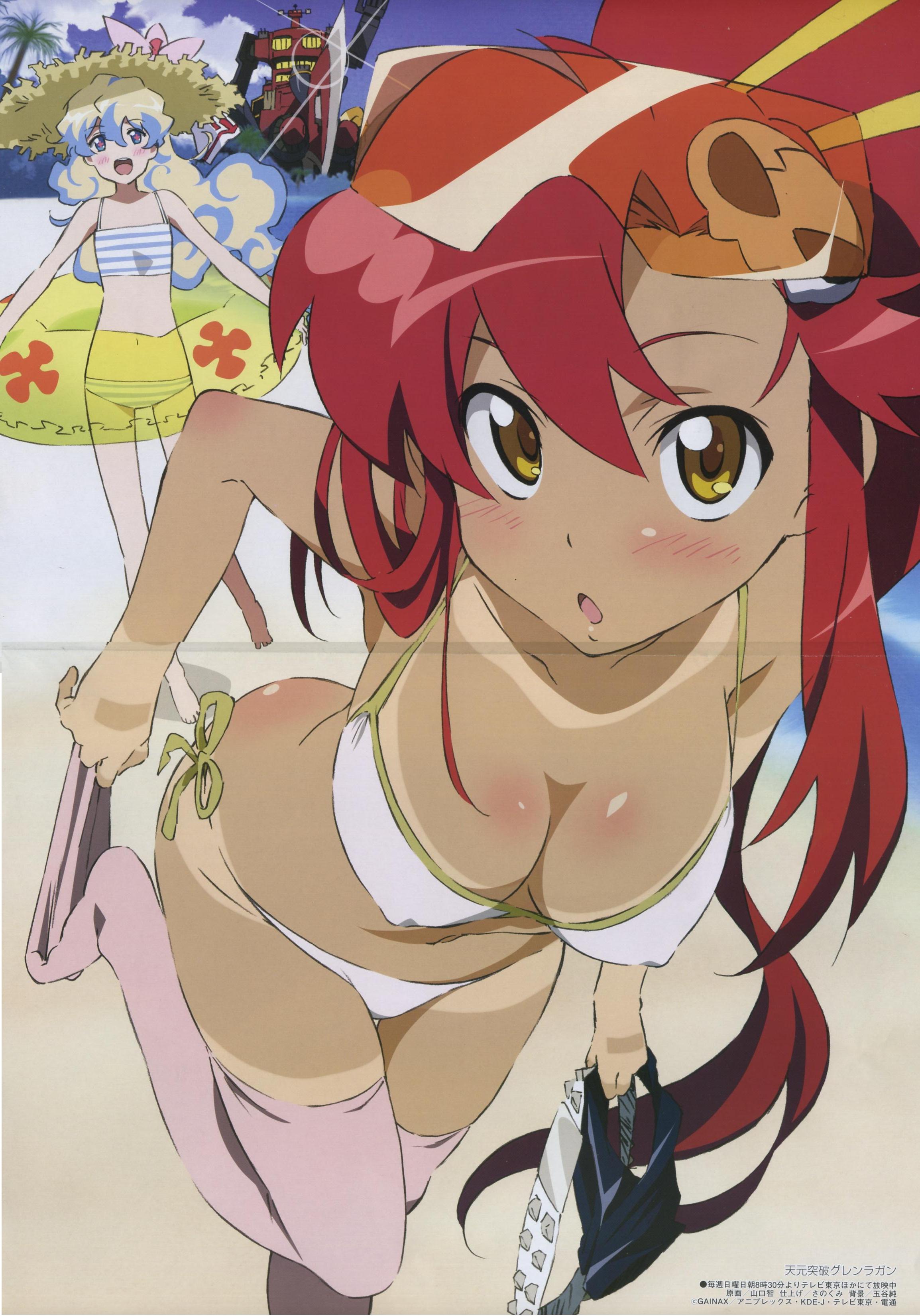 yamaguchi satoshi, dai-gurren, nia teppelin, yoko littner, megami magazine, tengen toppa gurren lagann, blade, pink legwear, absurdres, highres, non-web source, official art, scan, 00s, 2girls, :d, :o, accessory tan, barefoot, beach, belt, bikini, bikini tan, blonde hair, blue eyes, blue hair, blue sky, blush, body blush, breasts, cleavage, covered erect nipples, crease, curly hair, day, eyewear on head, flat chest, flower, glint, hair between eyes, hair ornament, hat, hat flower, hat ribbon, high ponytail, holding, innertube, large breasts, leaning forward, leg lift, long hair, looking at viewer, lowleg, lowleg bikini, mecha, multicolored eyes, multicolored hair, multiple girls, navel, ocean, open mouth, outdoors, palm tree, pink eyes, ponytail, red hair, ribbon, robot, safety glasses, sand, see-through clothes, short shorts, shorts, side-tie bikini bottom, sidelocks, skindentation, skull hair ornament, sky, smile, sock pull, standing, standing on one leg, strap gap, straw hat, striped bikini, striped clothes, studded belt, sunglasses, swim ring, swimsuit, symbol-shaped pupils, tan, tankini, tanline, tanlines, thigh gap, thighhighs, thighhighs pull, tinted eyewear, toe scrunch, toes, transparent, tree, undressing, very long hair, water, weapon, white bikini, yellow-tinted eyewear, yellow eyes