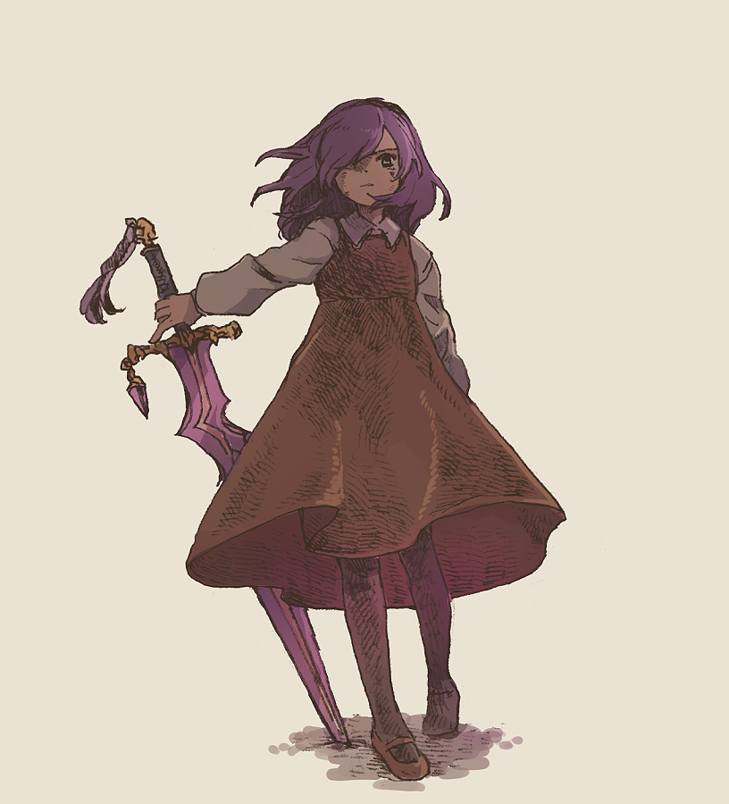 michibata 65, deirdre (another eden), another eden, commentary request, 1girl, aged down, arm at side, black pantyhose, brown dress, brown eyes, brown shoes, closed mouth, collared shirt, dress, floating hair, full body, grey shirt, hair over one eye, hatching (texture), holding, holding sword, holding weapon, linear hatching, long hair, long sleeves, long sword, looking at viewer, mary janes, one eye covered, outstretched arm, pantyhose, parted bangs, pinafore dress, purple hair, scowl, shadow, shirt, shoes, simple background, sleeveless, sleeveless dress, solo, standing, sword, weapon, white background