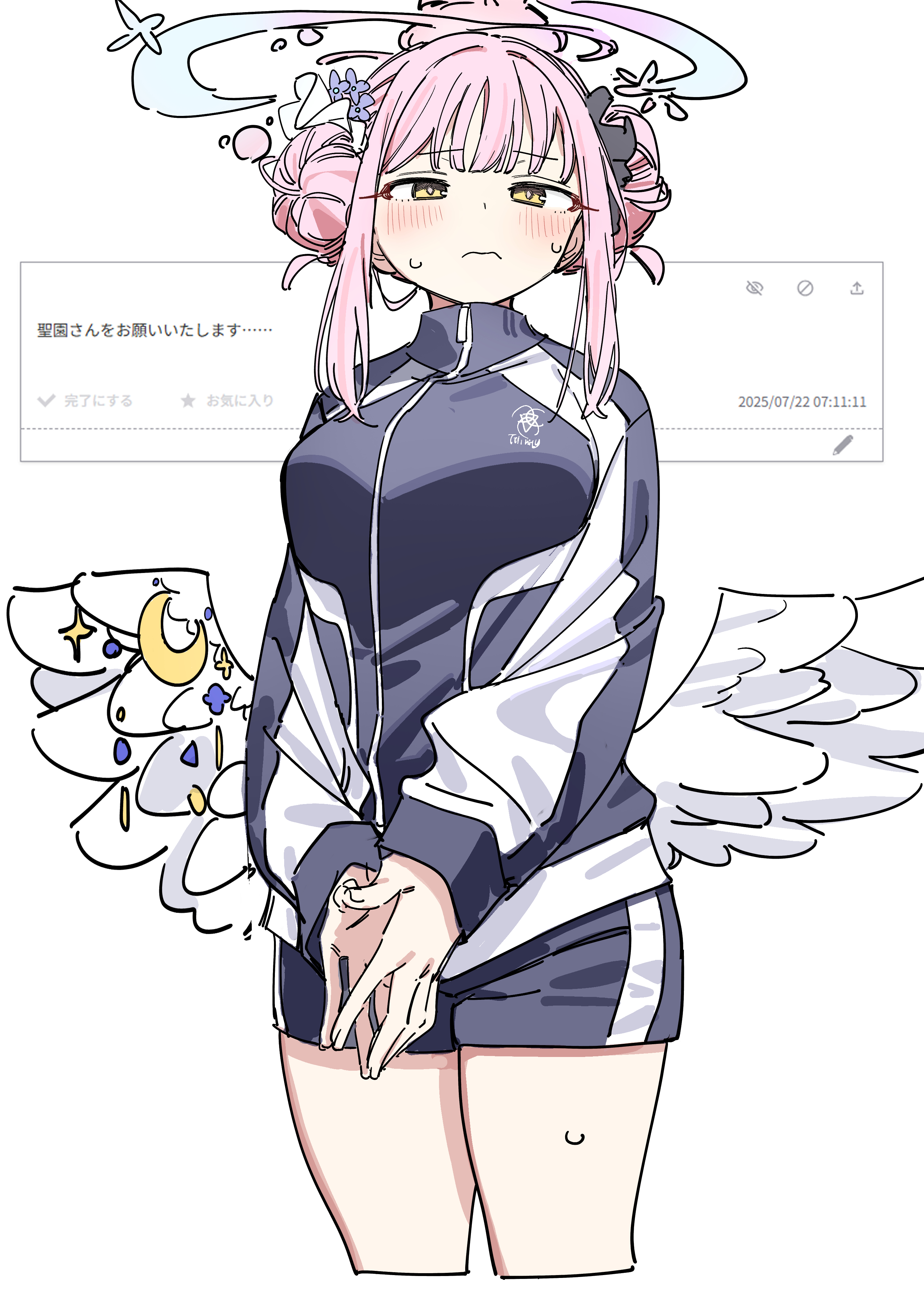 haruyuki (gffewuoutgblubh), mika (blue archive), mika (track) (blue archive), blue archive, odaibako, absurdres, highres, translation request, 1girl, blue shorts, blush, breasts, crescent ornament, cropped legs, donut hair bun, double bun, feathered wings, hair bun, halo, jacket, medium breasts, own hands together, pink hair, request inset, shorts, sidelocks, simple background, solo, steepled fingers, sweatdrop, thighs, track jacket, trinity general school logo, white background, white wings, wings, yellow eyes