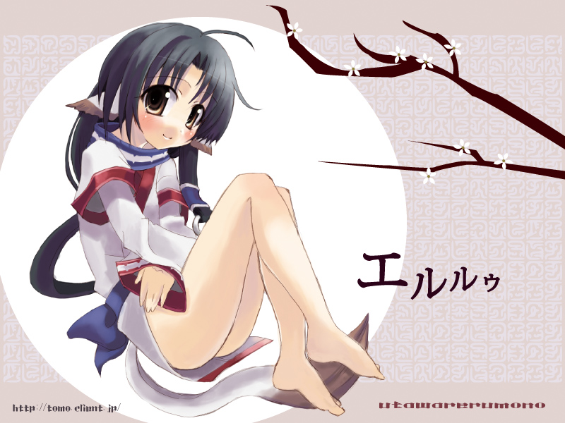 kitahara tomoe (kitahara koubou), eruruu, utawarerumono, 00s, 1girl, animal ears, barefoot, dog ears, feet, female focus, japanese clothes, layered sleeves, smile, solo