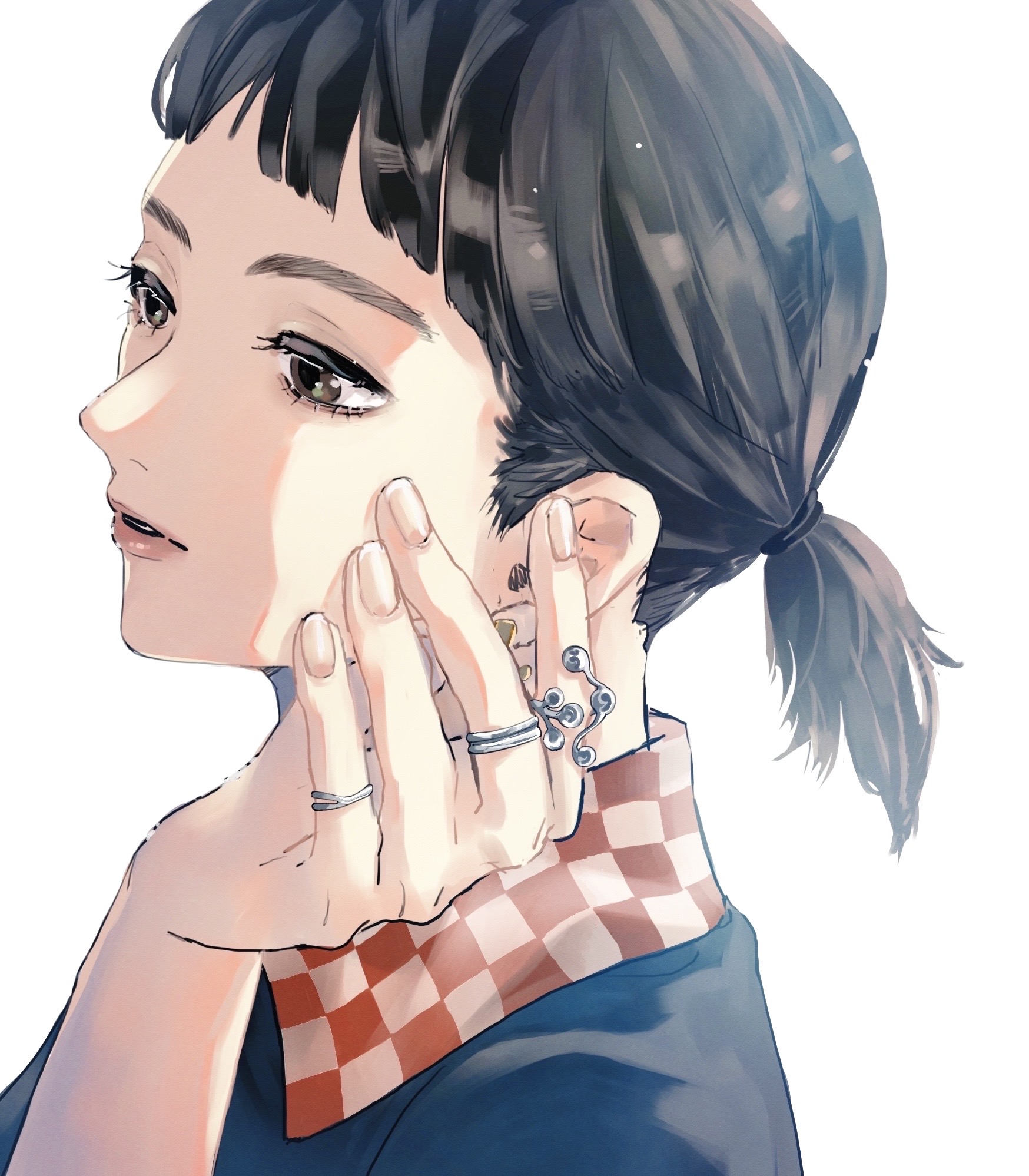 commentary, highres, 1girl, black hair, blue shirt, brown eyes, checkered clothes, contrast collar, earrings, fingernails, from side, funado erena, gold earrings, gori 39, hair tie, hand on own face, hand up, jewelry, last mile, looking ahead, medium hair, multiple rings, parted lips, ponytail, portrait, ring, shirt, short bangs, short ponytail, simple background, solo, white background