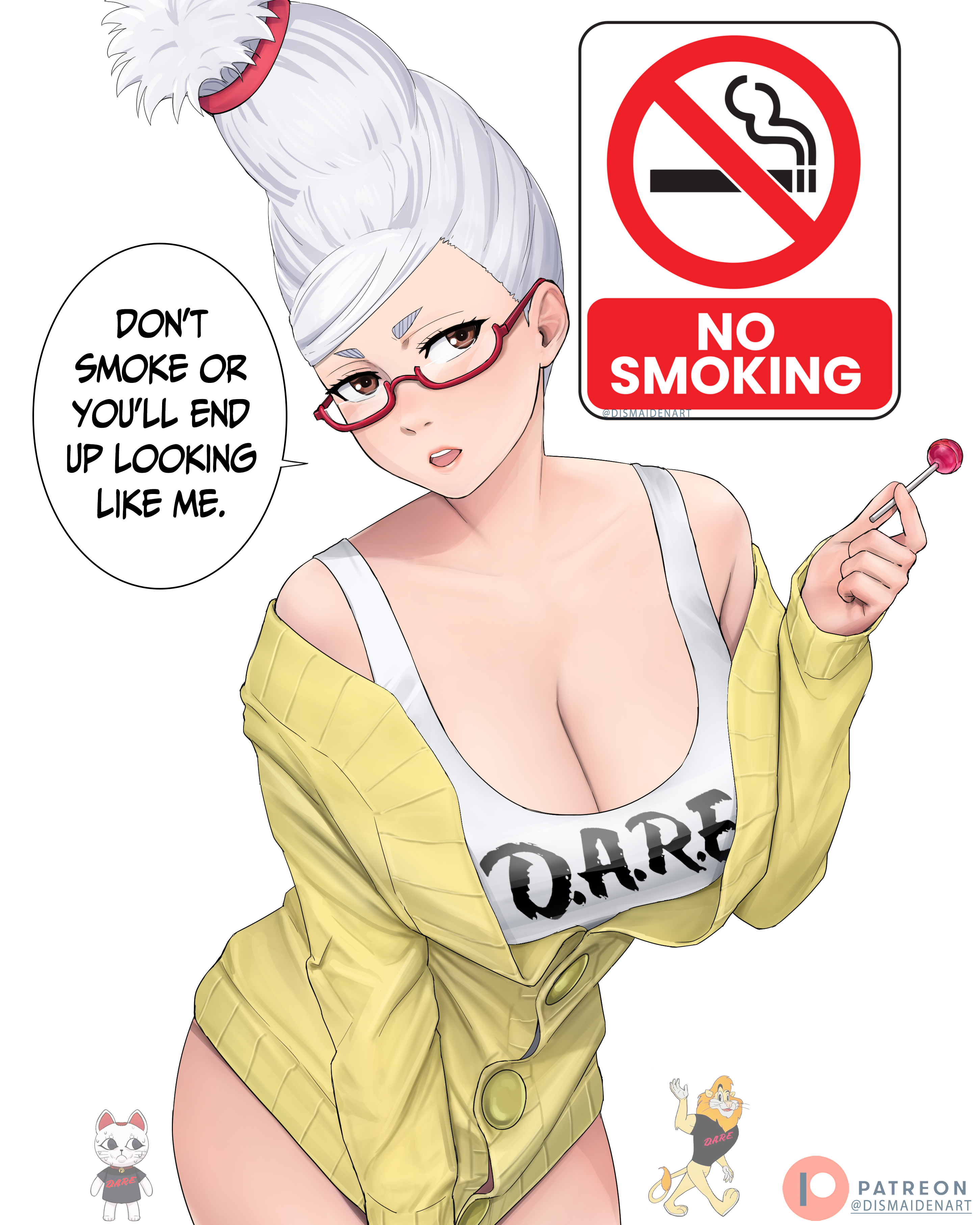 dismaiden, ayase seiko, turbo granny (dandadan), dandadan, absurdres, highres, 1girl, breasts, brown eyes, candy, cardigan, cleavage, english text, food, grey hair, large breasts, lollipop, mature female, no smoking, patreon logo, patreon username, red-tinted eyewear, semi-rimless eyewear, simple background, speech bubble, tall hair, tank top, tinted eyewear, white background, white tank top, yellow cardigan
