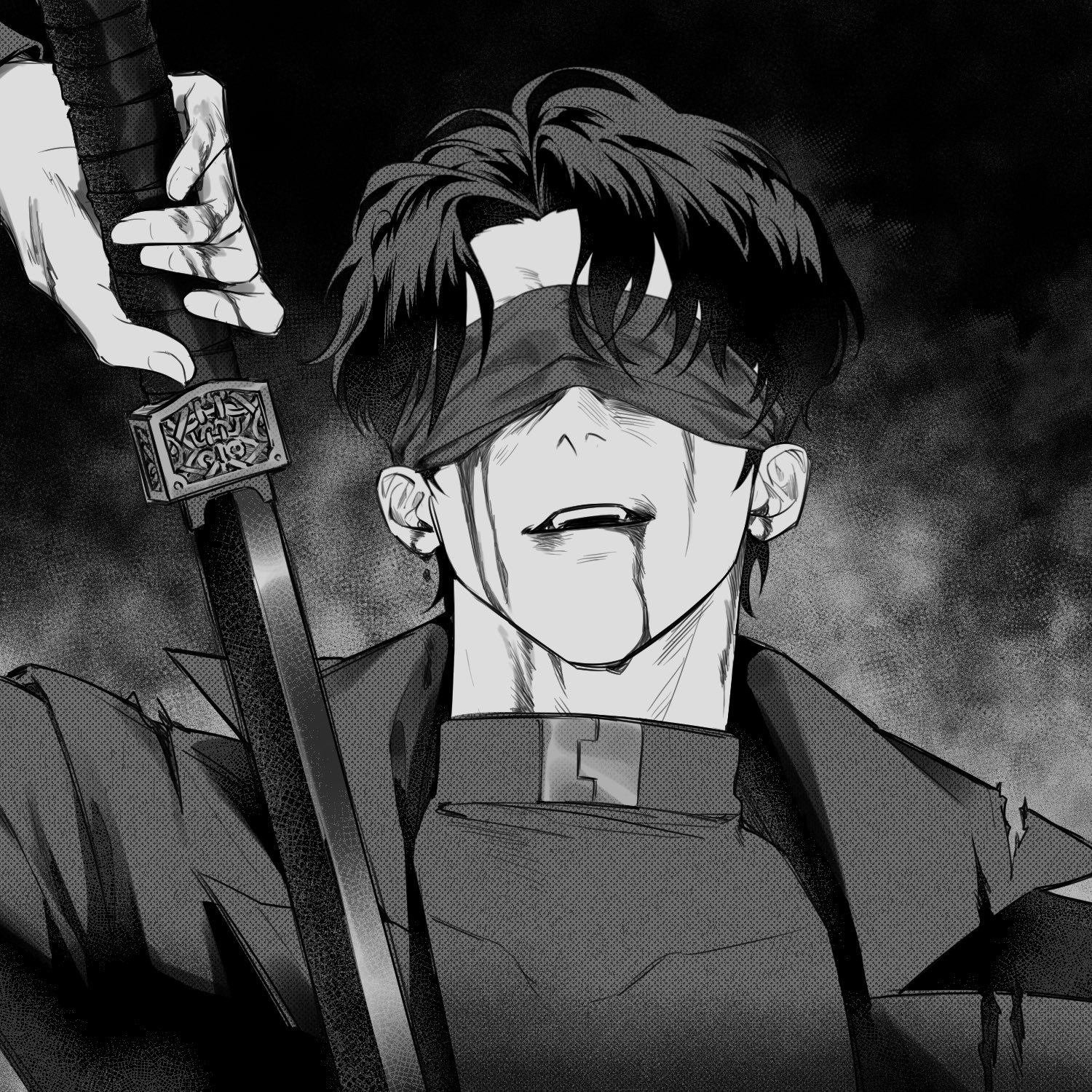 guding nut, yoo joonghyuk, omniscient reader's viewpoint, highres, 1boy, black coat, black hair, black shirt, blindfold, blood, blood from mouth, bloody tears, coat, covered eyes, crew neck, curtained hair, facing viewer, greyscale, holding, holding sword, holding weapon, male focus, monochrome, open mouth, popped collar, possessed, sheath, shirt, short hair, solo, sword, torn clothes, unsheathing, upper body, weapon