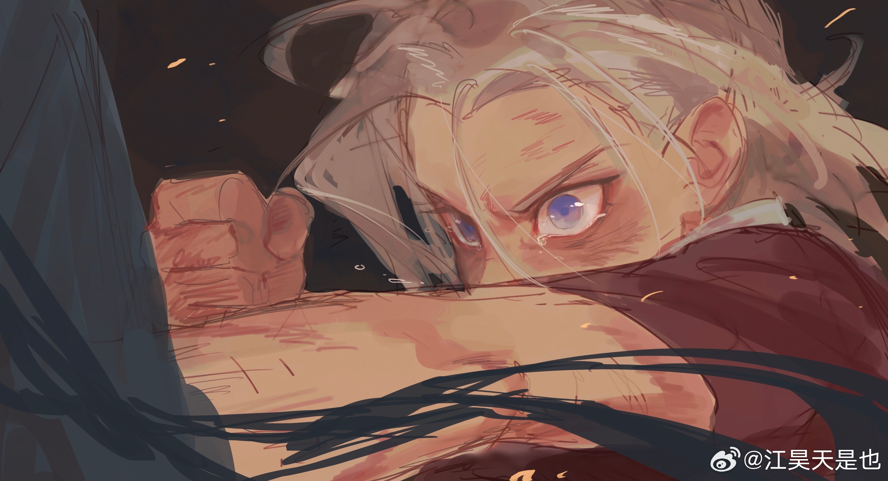 luo xiaohei zhanji, highres, 1girl, black background, blue eyes, clenched hand, grey hair, luye (the legend of luoxiaohei), ponytail, punching, solo, tears, upper body, weibo 5892230475