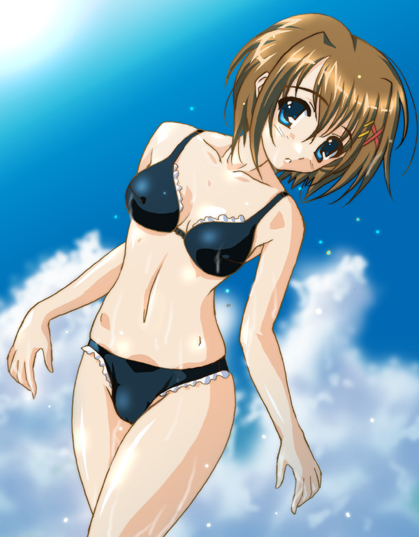 masutaauu, yagami hayate, lyrical nanoha, mahou shoujo lyrical nanoha, mahou shoujo lyrical nanoha strikers, 00s, 1girl, bikini, black bikini, brown hair, day, female focus, hair ornament, solo, swimsuit, wet, x hair ornament