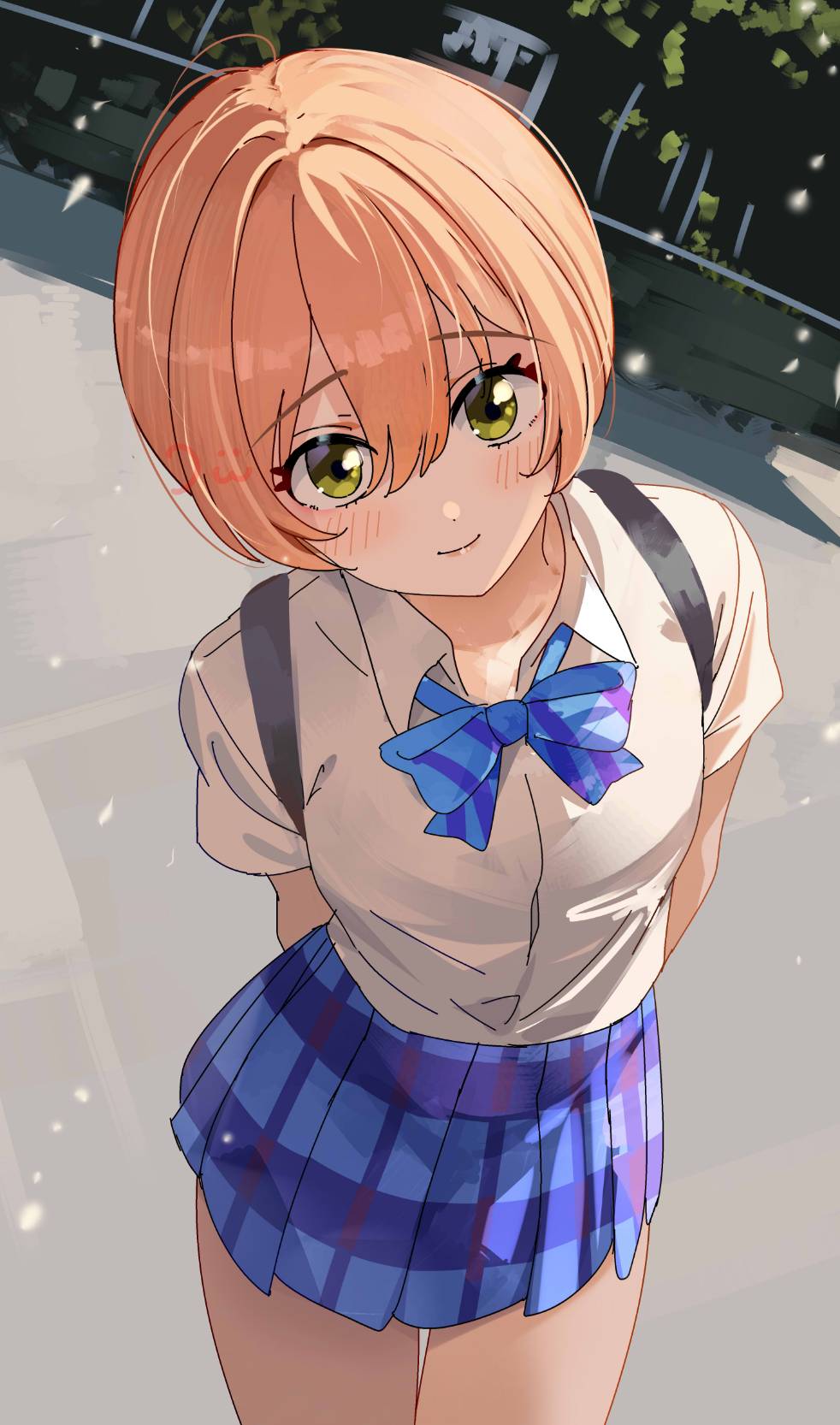 bunbun (midukikome), hoshizora rin, love live!, love live! school idol project, highres, 1girl, arms behind back, blue bow, blue bowtie, blue skirt, blush, bow, bowtie, closed mouth, collared shirt, cowboy shot, day, green eyes, looking at viewer, orange hair, otonokizaka school uniform, outdoors, pleated skirt, school uniform, shirt, short hair, short sleeves, skirt, smile, solo, standing, striped bow, striped bowtie, striped clothes, summer uniform, white shirt