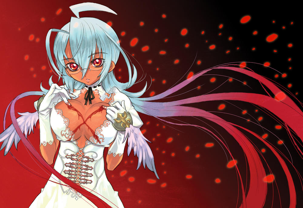 nagy, original, 1girl, blood, breasts, female focus, glasses, gloves, medium breasts, solo