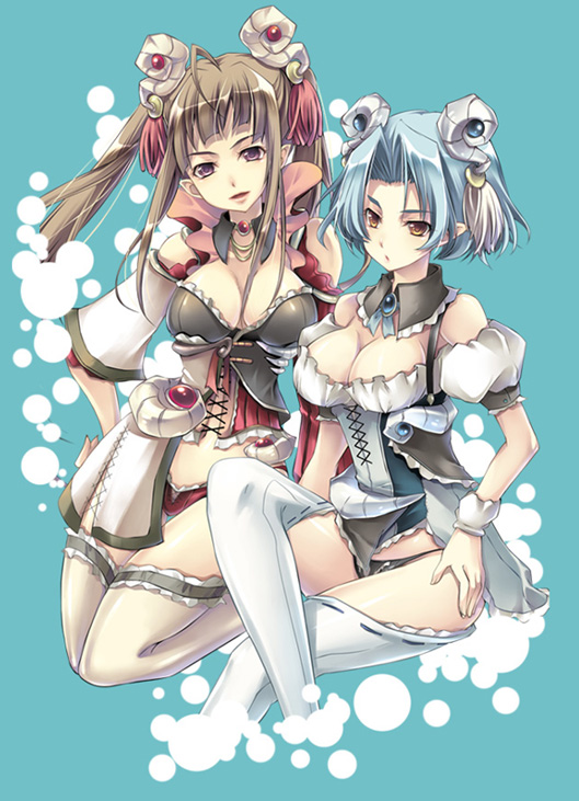 ta kaana, original, white legwear, 2girls, bare shoulders, black panties, blue background, blue eyes, blunt bangs, breasts, brown eyes, brown hair, cleavage, collar, collarbone, detached collar, fantasy, full body, head tilt, kneeling, looking at viewer, multiple girls, panties, ponytail, red panties, sidelocks, simple background, sitting, thighhighs, underwear