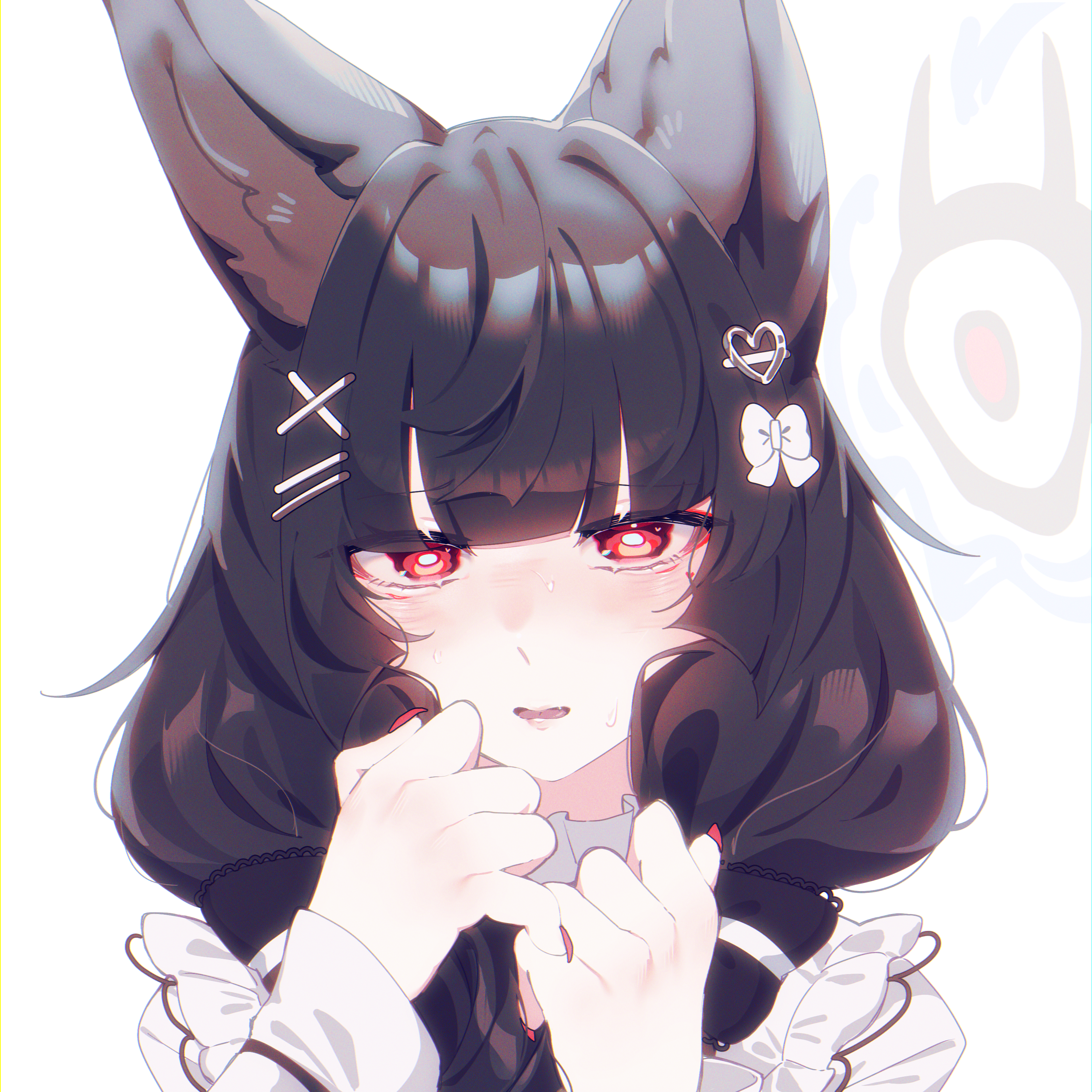 hoshimi miyabi, tailless (zenless zone zero), zenless zone zero, absurdres, highres, 1girl, animal ear fluff, animal ears, black hair, blush, bright pupils, fox ears, fox girl, hair ornament, hairclip, hairpin, heart hairclip, holding own hand, kyabe54, long hair, looking at viewer, multiple hairpins, open mouth, red eyes, red nails, ribbon, shy, sweat, white background, white pupils, white ribbon