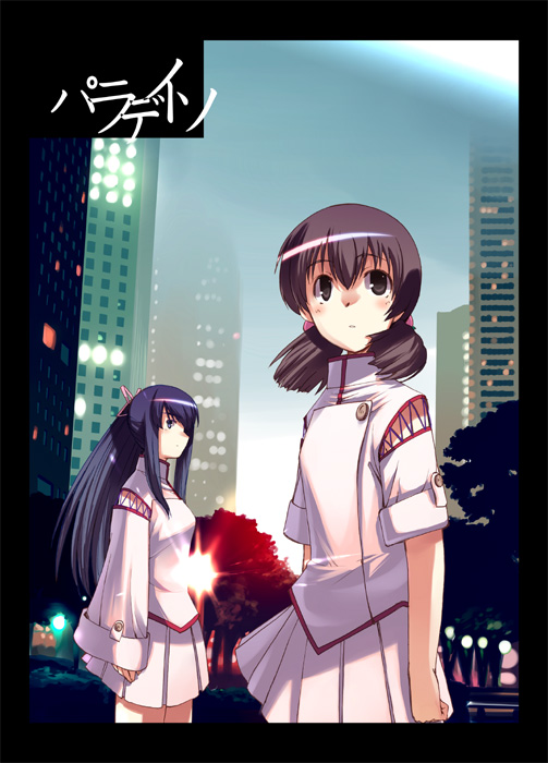 matsuzaki yutaka, original, 2girls, arms at sides, backlighting, blue eyes, blue hair, blue sky, blush, breasts, brown eyes, brown hair, building, city, closed mouth, cowboy shot, day, flower, hair bobbles, hair ornament, hair ribbon, long hair, long sleeves, looking at viewer, looking up, low twintails, medium breasts, multiple girls, outdoors, park, parted lips, pink flower, pink rose, pleated skirt, profile, ribbon, rose, short sleeves, sidelocks, skirt, sky, skyscraper, sleeves past wrists, smile, standing, tareme, tree, twintails, white skirt, wide sleeves