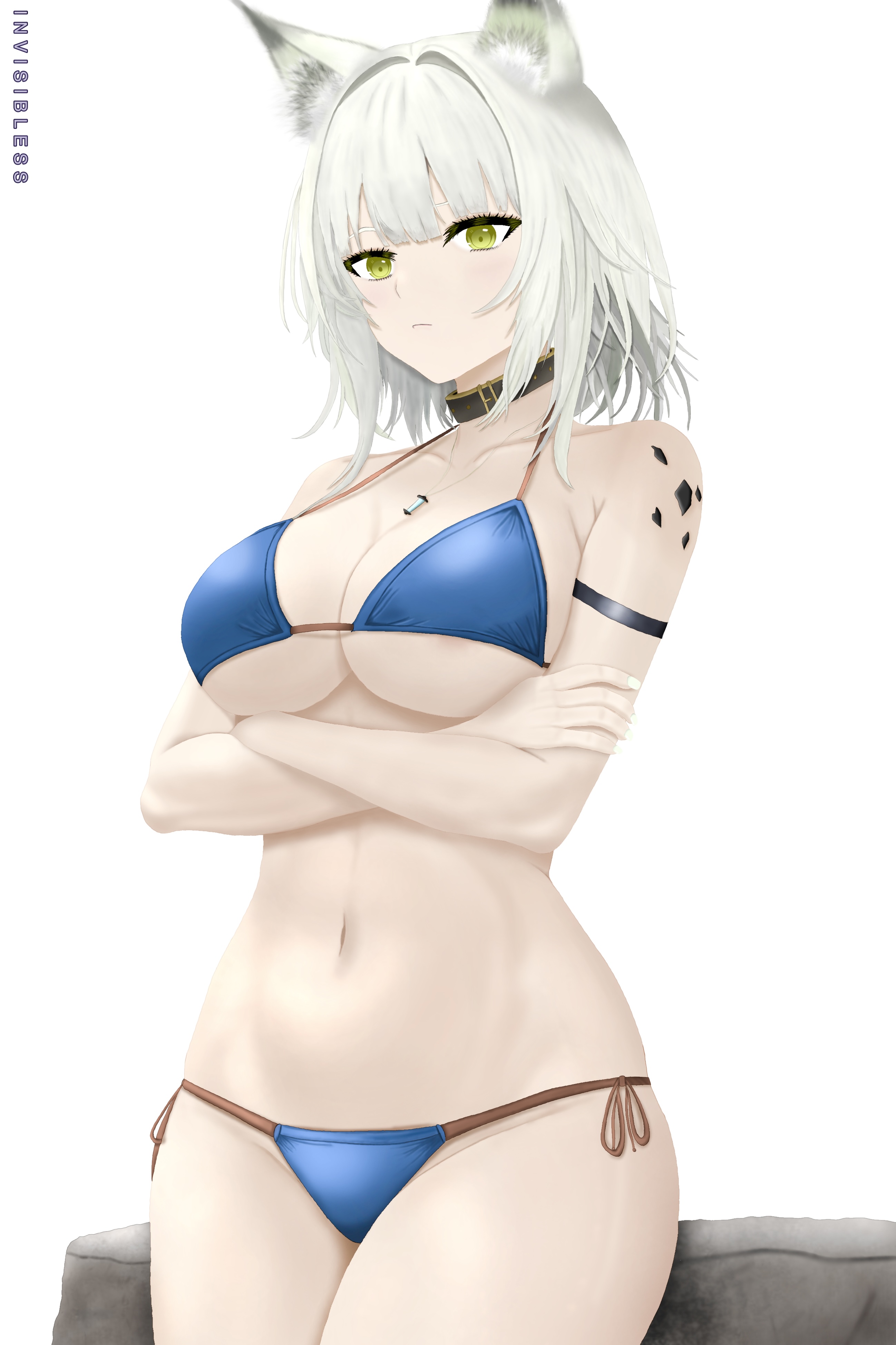 invisibless, kal'tsit (arknights), arknights, absurdres, commentary, english commentary, highres, 1girl, alternate costume, animal ears, artist name, bare shoulders, bikini, black collar, blue bikini, breasts, cat ears, cat girl, cleavage, closed mouth, collar, collarbone, crossed arms, feet out of frame, green eyes, looking at viewer, material growth, medium breasts, medium hair, nail polish, navel, oripathy lesion (arknights), solo, standing, swimsuit, white background, white hair, white nails