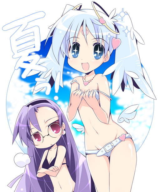 rfa, original, 2girls, bare shoulders, belt, bikini, breasts, buckle, cleavage, collarbone, crossed arms, detached wings, flat chest, jewelry, long hair, looking at viewer, micro bikini, multiple girls, necklace, pink eyes, purple hair, simple background, small breasts, standing, swimsuit, thigh gap, thighs, very long hair, white background, white bikini, white wings, wings