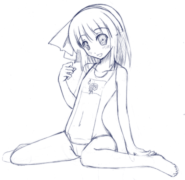 kirise mitsuru, konpaku youmu, touhou, 1girl, female focus, full body, monochrome, one-piece swimsuit, school swimsuit, sketch, solo, swimsuit, white background