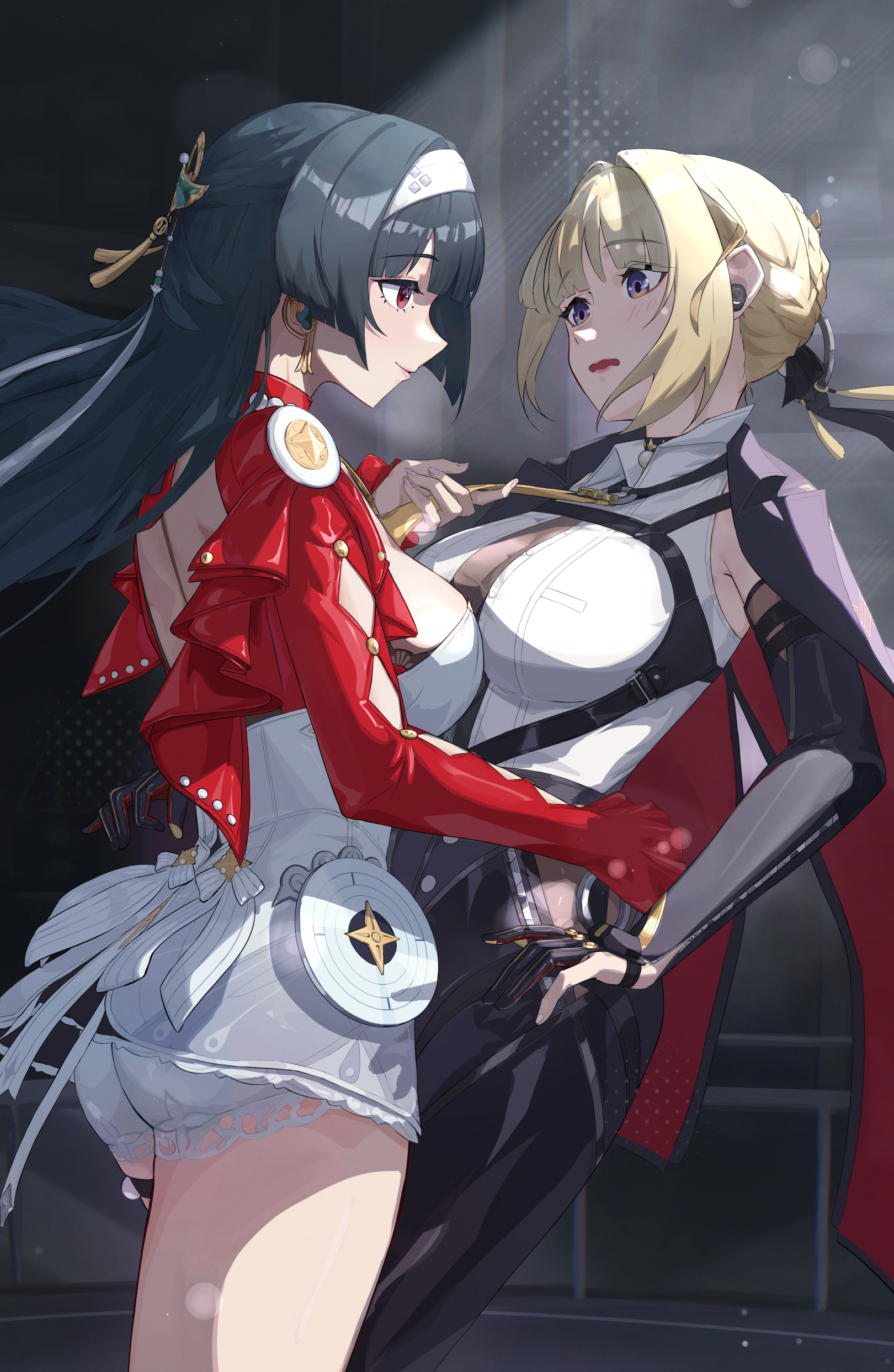 lucien tube, astra yao, evelyn chevalier, zenless zone zero, absurdres, highres, 2girls, arm strap, black coat, black hair, black pants, blonde hair, blush, breasts, chest harness, clothes grab, coat, coat on shoulders, earphones, earrings, elbow gloves, eye contact, gloves, hairband, half gloves, hand on another's waist, harness, high-waist pants, jacket, jewelry, latex pants, long ribbon, looking at another, multiple girls, necklace, necktie, necktie grab, neckwear grab, open mouth, pants, pearl necklace, pulling another's clothes, purple eyes, red eyes, red jacket, red shrug, ring hair ornament, see-through clothes, see-through shirt, shirt, shy, single elbow glove, single half glove, thigh beads, tight clothes, tight pants, uneven bangs, white hairband, white shirt, yellow necktie, yuri