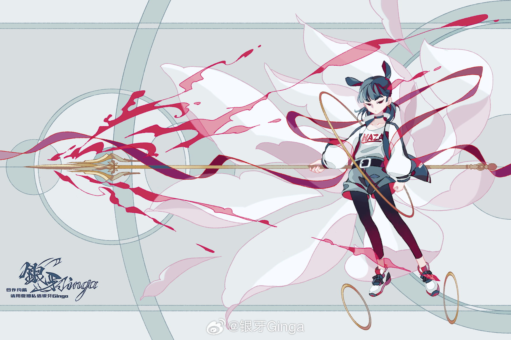 nezha (the legend of luoxiaohei), luo xiaohei zhanji, highres, 1boy, belt, black belt, black hair, black pantyhose, double bun, grey shorts, hair bun, holding, holding polearm, holding weapon, hoop, jacket, long sleeves, pantyhose, polearm, print shirt, shirt, shorts, solo, weapon, weibo 1581197152, wide shot