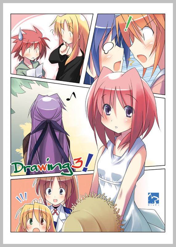 mizoguchi keiji, caro ru lushe, erio mondial, fate testarossa, ginga nakajima, subaru nakajima, takamachi nanoha, teana lanster, vivio, lyrical nanoha, mahou shoujo lyrical nanoha, mahou shoujo lyrical nanoha strikers, !, 00s, 1boy, 6+girls, ?, blonde hair, blue hair, green eyes, hat, heterochromia, military, military uniform, multiple girls, musical note, orange hair, pink hair, purple hair, red eyes, red hair, side ponytail, sweatdrop, yuri