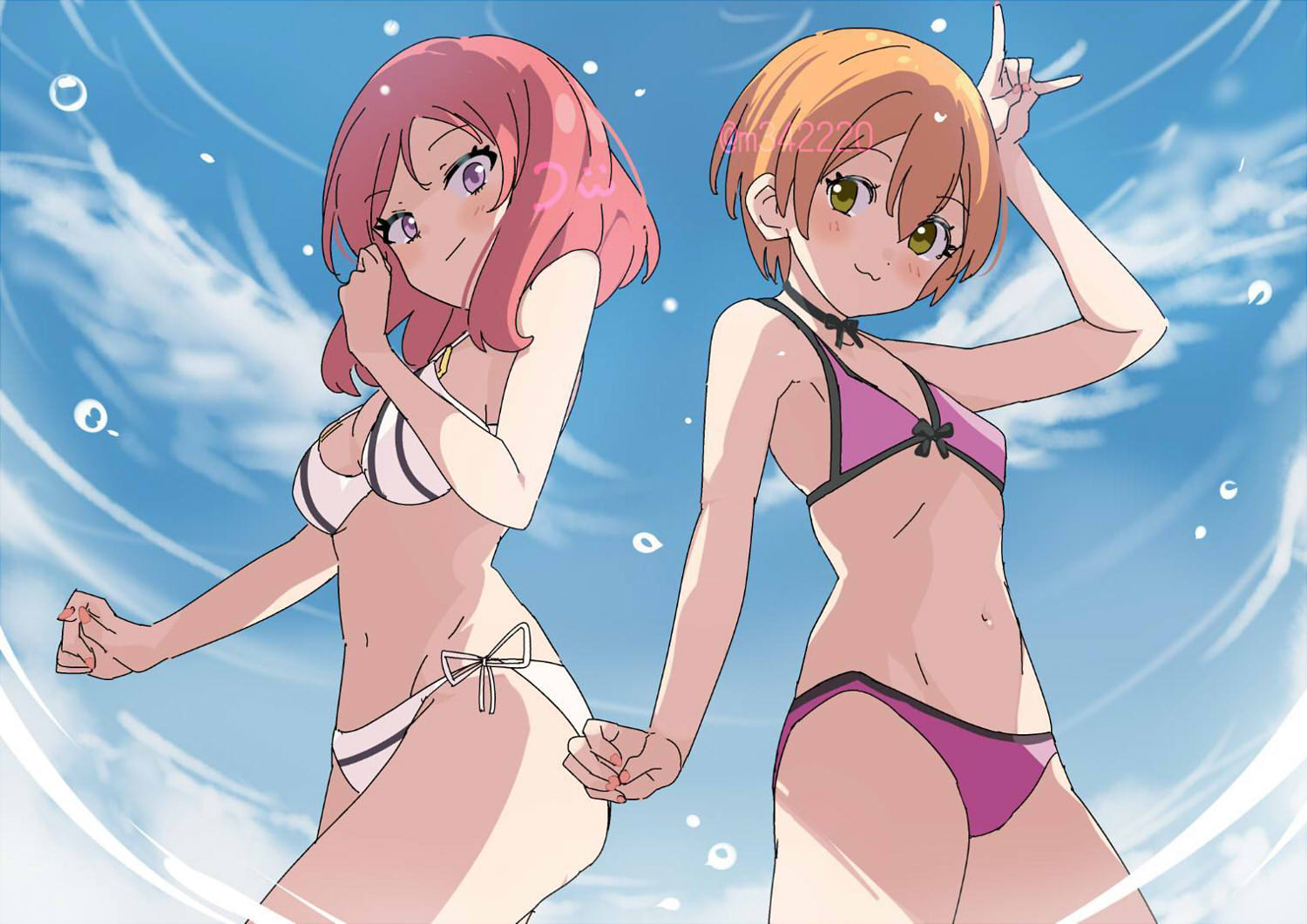 bunbun (midukikome), hoshizora rin, nishikino maki, love live!, love live! school idol project, 2girls, :3, m/, arm up, bikini, blush, breasts, closed mouth, day, fingernails, from behind, green eyes, looking at viewer, medium breasts, medium hair, multiple girls, navel, orange hair, outdoors, pink bikini, purple eyes, red hair, short hair, small breasts, smile, standing, swimsuit, white bikini