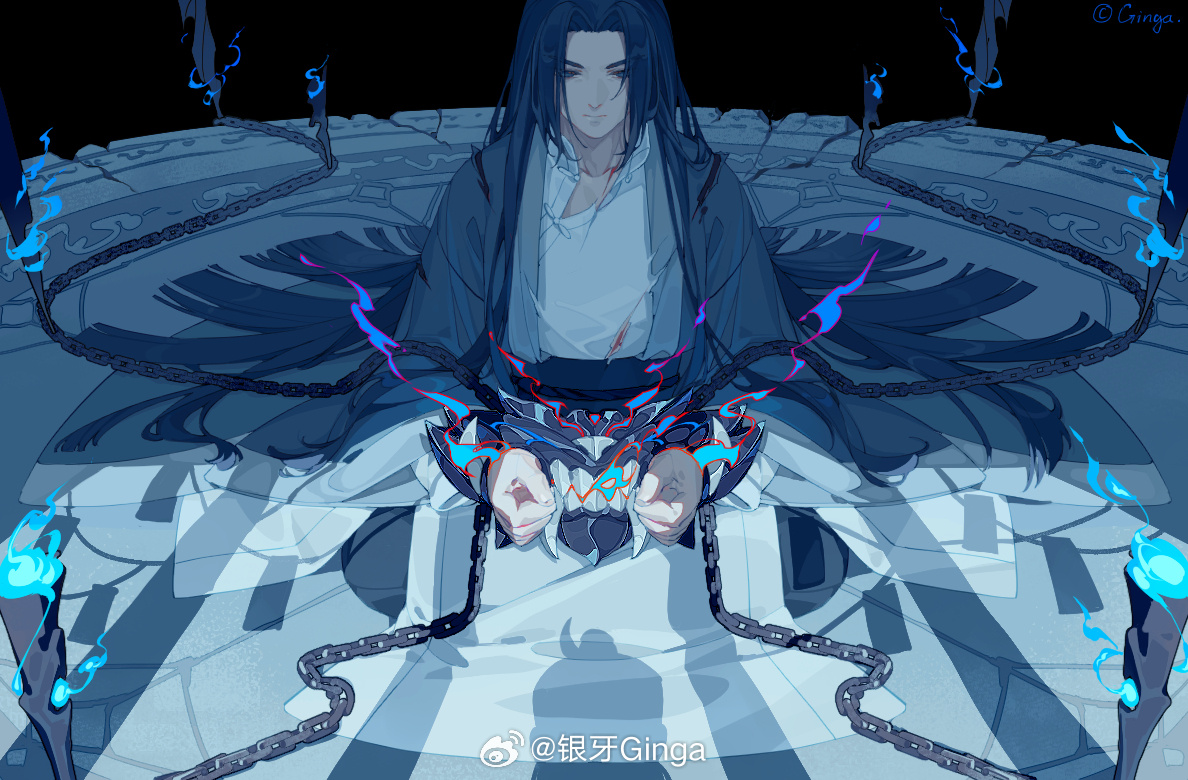 wuxian (the legend of luoxiaohei), luo xiaohei zhanji, 1boy, blue fire, chain, chinese clothes, cuffs, fire, full body, long hair, shackles, sitting, solo, very long hair, weibo 1581197152