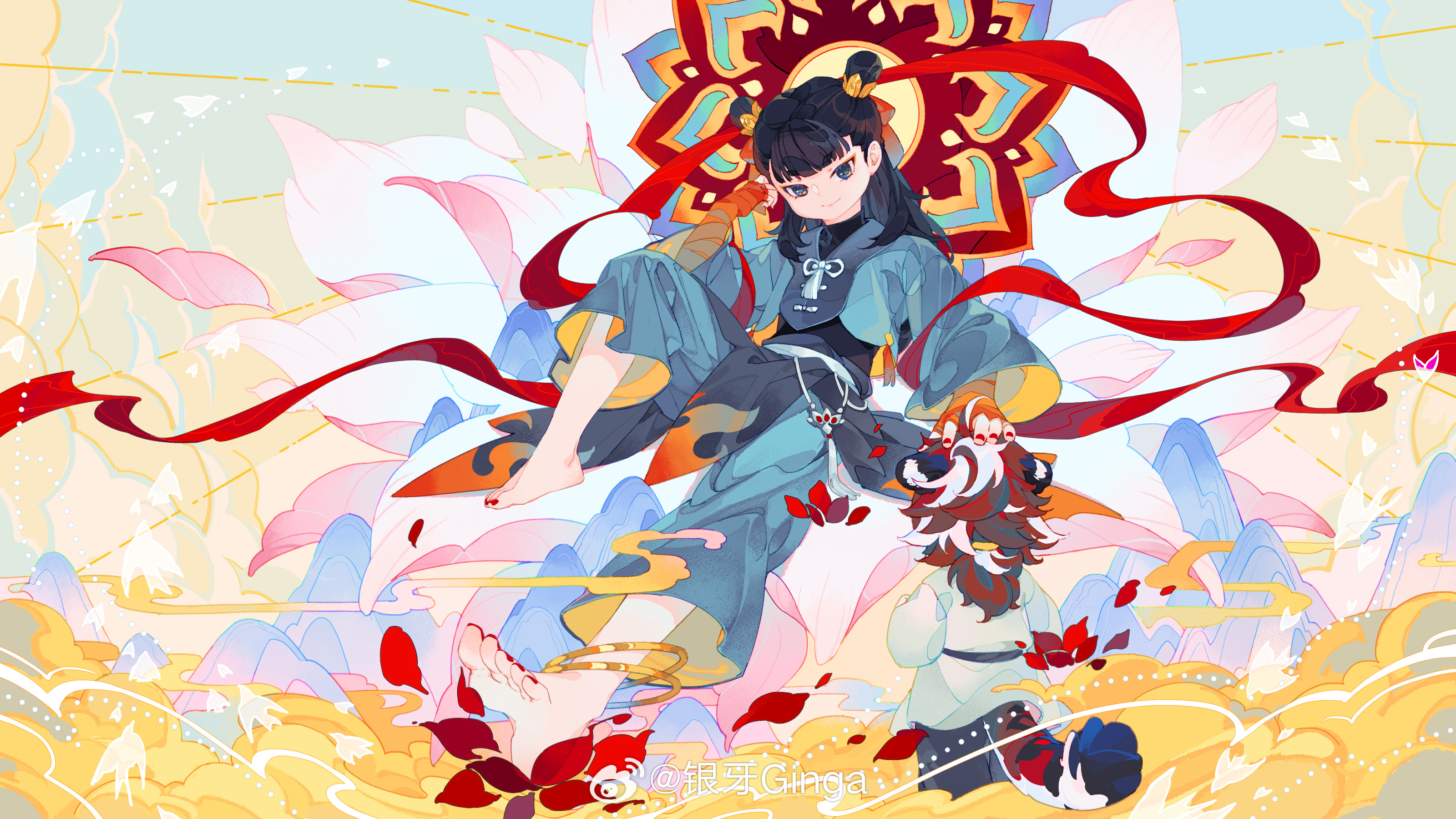 nezha (the legend of luoxiaohei), luo xiaohei zhanji, absurdres, highres, 2boys, barefoot, black eyes, black hair, chinian, double bun, flower, hair bun, head rest, knee up, long sleeves, mountain, multiple boys, pink flower, red nails, solo focus, weibo 1581197152