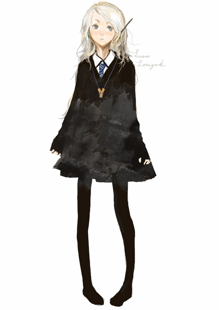fuyuno haruaki, luna lovegood, harry potter (series), wizarding world, 1girl, animification, black pantyhose, black robe, blouse, blue necktie, character name, collared shirt, female focus, full body, jewelry, messy hair, necklace, necktie, object behind ear, pantyhose, pigeon-toed, robe, school uniform, serafuku, shirt, simple background, solo, standing, swept bangs, wand, white background, white shirt