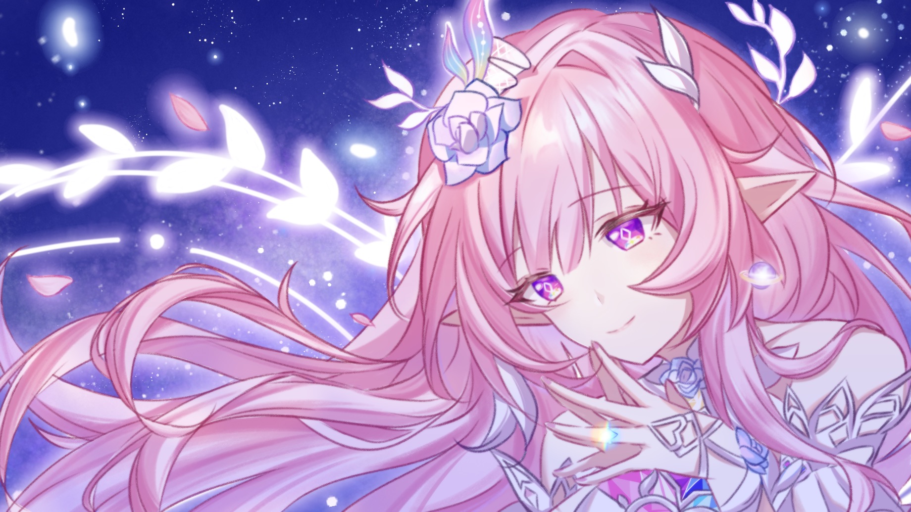 tianzhi40592, cyrene (honkai: star rail), cyrene (ripples of past reverie) (honkai: star rail), honkai: star rail, honkai (series), chinese commentary, commentary request, highres, 1girl, bare shoulders, blue sky, detached sleeves, diamond-shaped pupils, diamond (shape), dress, earrings, flower, hair flower, hair ornament, halo, jewelry, long hair, pink hair, pointy ears, purple eyes, sky, smile, solo, star (sky), starry sky, symbol-shaped pupils, upper body, very long hair, white dress