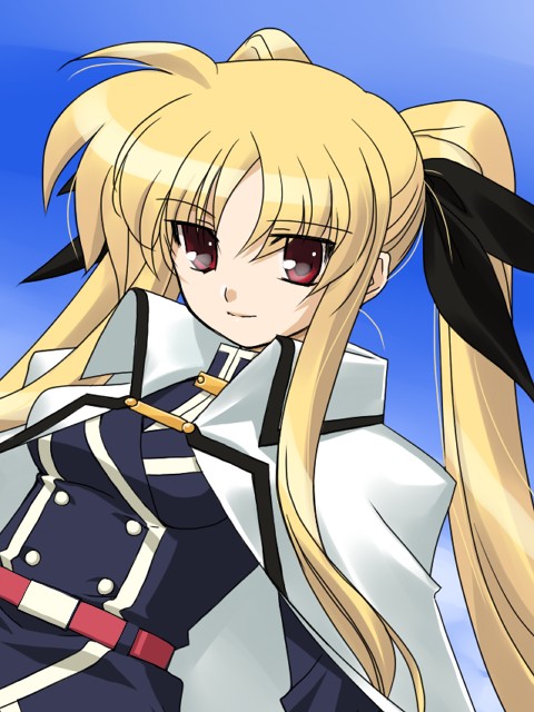 shimamura miwa, fate testarossa, fate testarossa (impulse form), lyrical nanoha, mahou shoujo lyrical nanoha, mahou shoujo lyrical nanoha strikers, 00s, 1girl, belt, blonde hair, cape, coat, female focus, magical girl, red eyes, solo, twintails