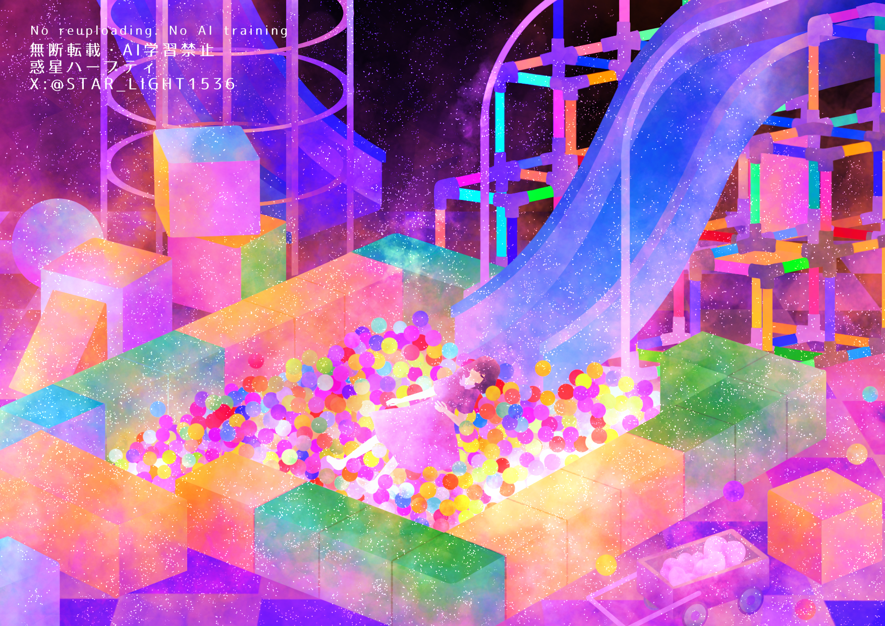 wakusei habuti, original, commentary request, highres, 1girl, ball pit, barefoot, black hair, closed eyes, colorful, dress, jungle gym, lying, no mouth, on back, purple dress, short hair, short sleeves, solo, twitter username, wide shot