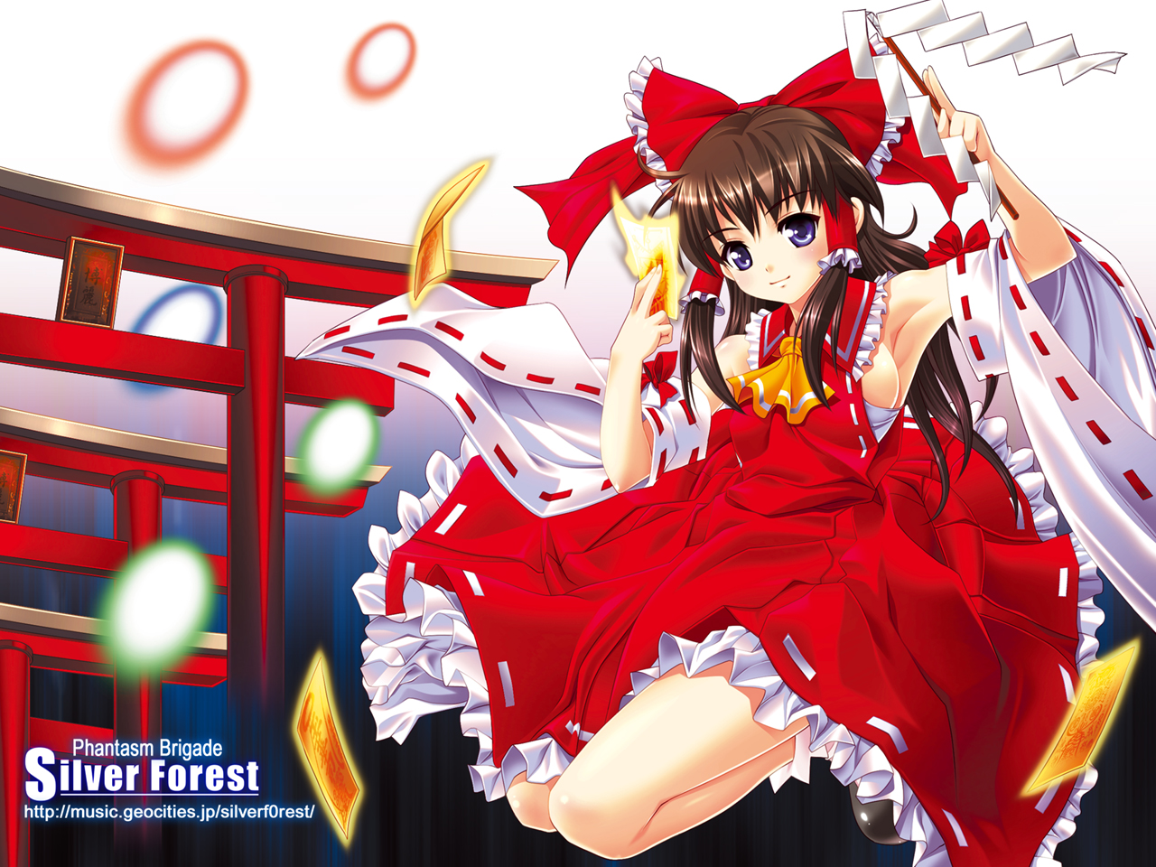 hakurei reimu, touhou, 1girl, armpits, ascot, blouse, female focus, frilled hair tubes, frills, full body, gohei, hair tubes, red background, red shirt, shirt, solo, torii, yellow ascot