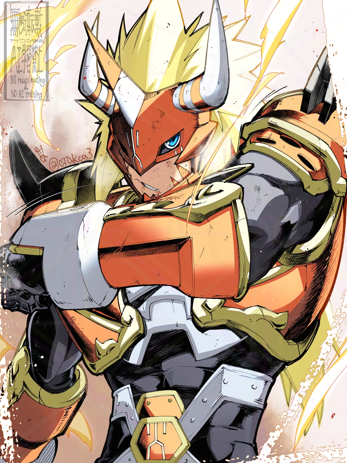 takeuchi (a3), agnimon, digimon, highres, 1boy, armor, black bodysuit, blonde hair, blue eyes, bodysuit, digimon (creature), facial mark, helmet, horns, long hair, male focus, red armor, red helmet, solo, spiked hair, upper body