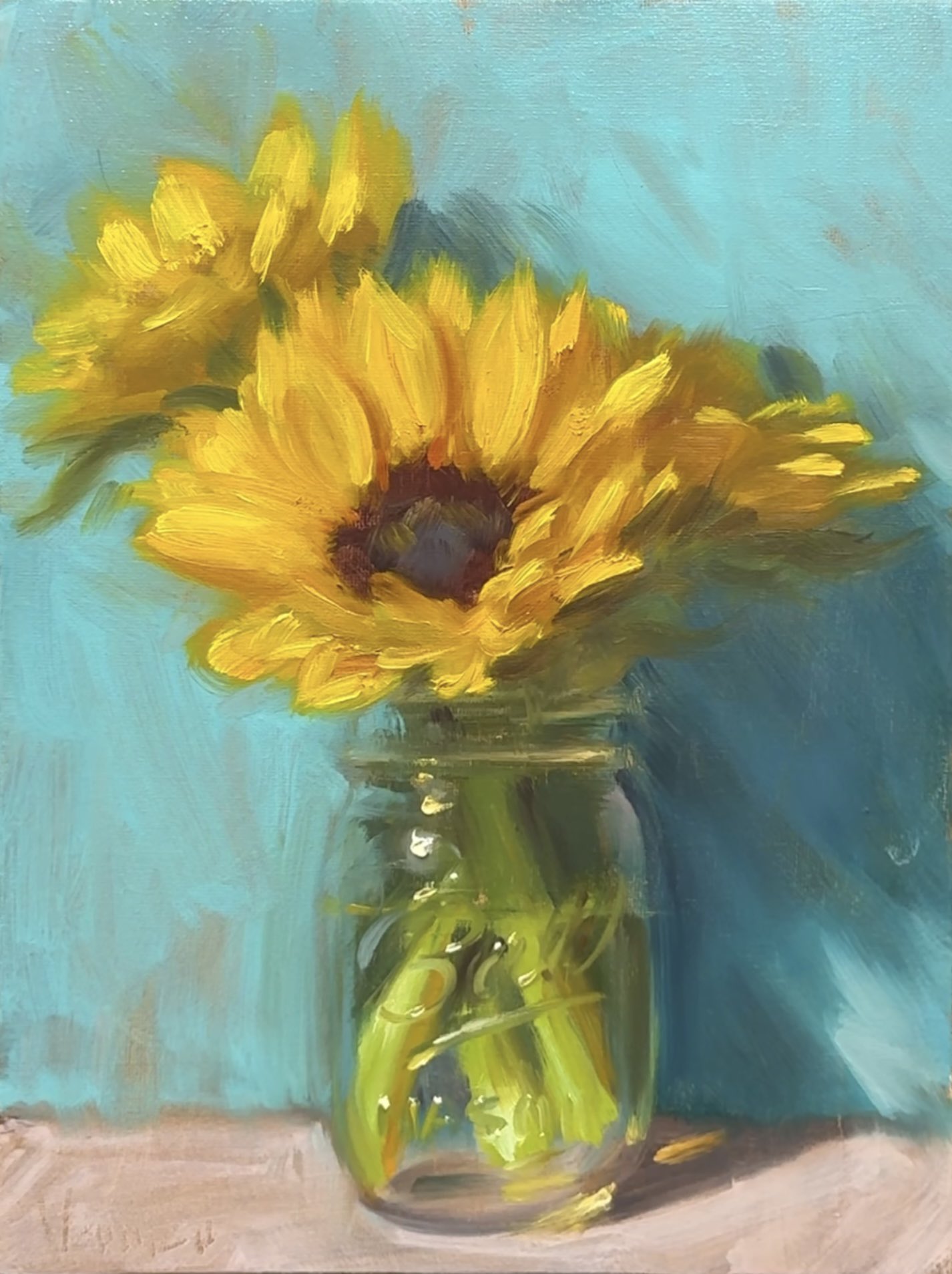noah verrier, original, commentary, english commentary, highres, oil painting (medium), painting (medium), traditional media, artist name, flower, flower focus, jar, no humans, still life, sunflower, water, yellow flower