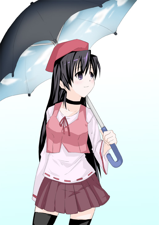 tsukiyo rei, shihou matsuri, sola, 00s, 1girl, beret, black hair, black thighhighs, blue eyes, expressionless, female focus, gradient background, hat, holding, long hair, looking to the side, pleated skirt, purple skirt, simple background, skirt, solo, thighhighs, umbrella, zettai ryouiki