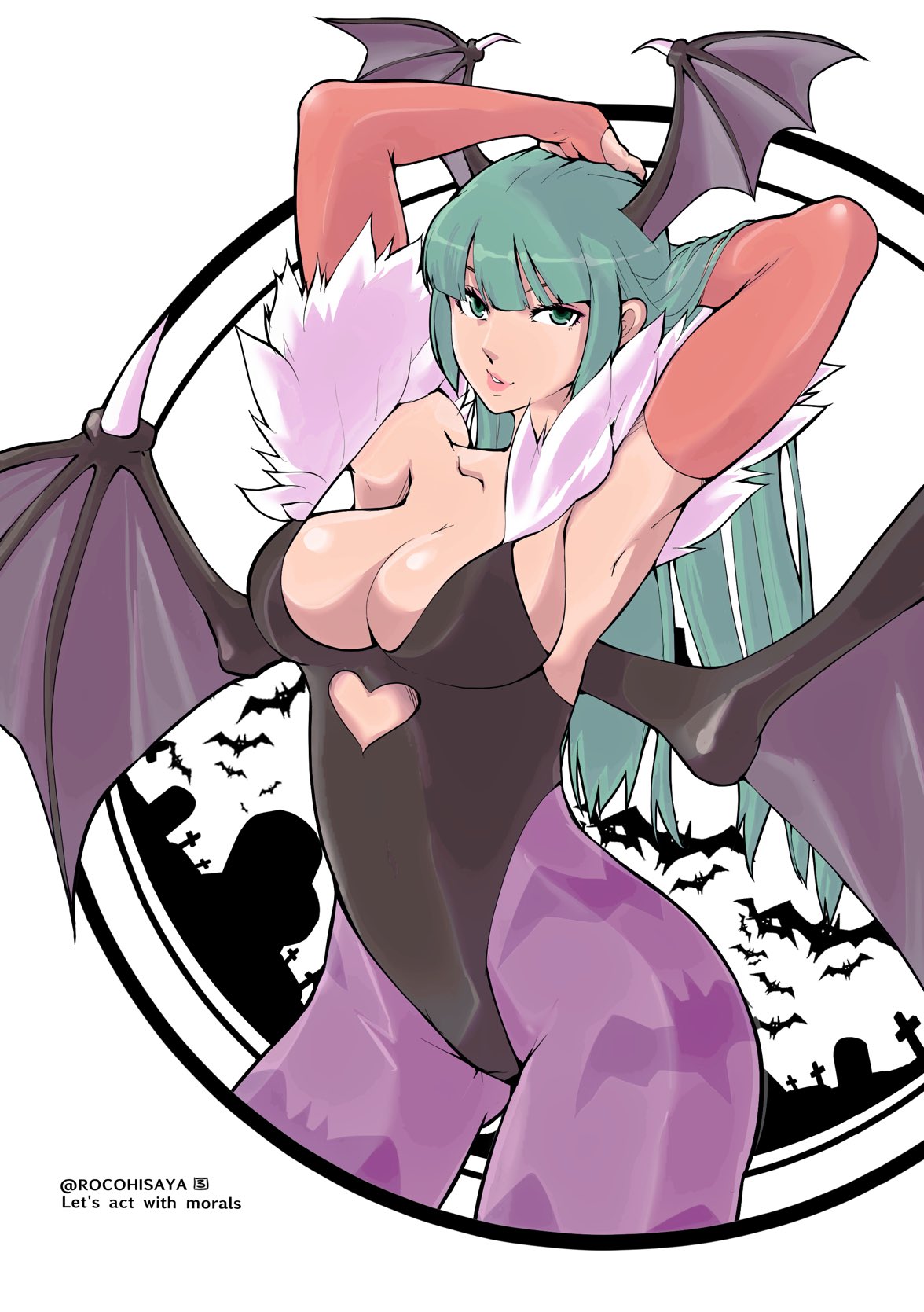 rocohisaya, morrigan aensland, darkstalkers, commentary request, highres, 1girl, animal print, armpits, arms up, bat (animal), bat print, black leotard, breasts, cleavage, clothing cutout, demon girl, demon wings, elbow gloves, english text, eyelashes, fingerless gloves, fur trim, gloves, green eyes, green hair, head wings, heart cutout, leotard, lips, long hair, red gloves, solo, twitter username, wings