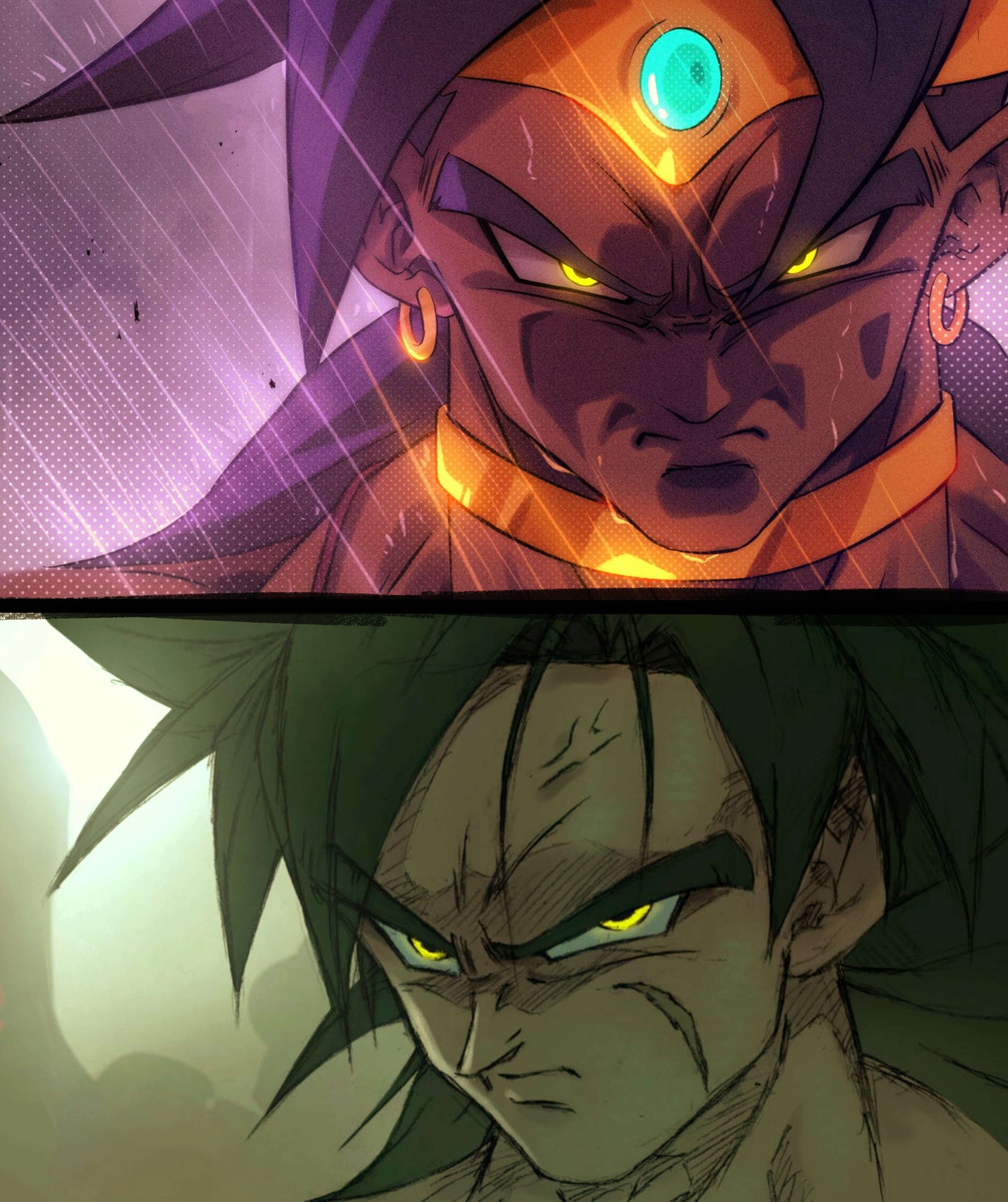 ch nadhir, broly (dragon ball super), broly (dragon ball z), dragon ball, dragon ball super, dragon ball super broly, dragonball z, highres, 2boys, black hair, close-up, long hair, male focus, multiple boys, rain, scar, scar on face, spiked hair, yellow eyes