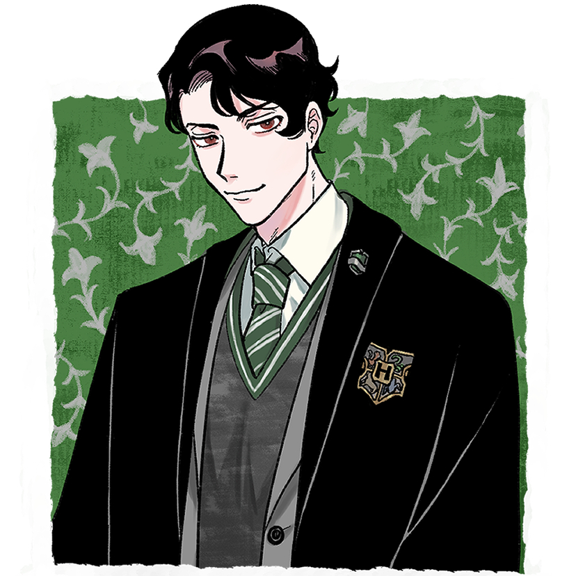 tom marvolo riddle, harry potter (series), wizarding world, commentary, 1boy, black hair, closed mouth, coat, collared shirt, ma o kl, male focus, necktie, shirt, short hair, slytherin, smile, solo, sweater, upper body