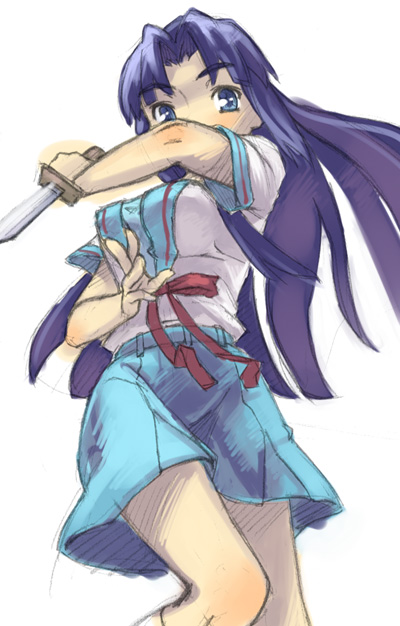 oryo (oryo04), asakura ryoko, suzumiya haruhi no yuuutsu, 00s, blue eyes, blue hair, knife, long hair, school uniform, serafuku, solo
