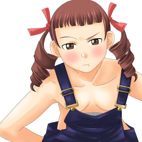 toshifumi, matsudaira touko, maria-sama ga miteru, lowres, 00s, 1girl, :t, brown eyes, brown hair, female focus, naked overalls, overalls, ribbon, solo, twintails