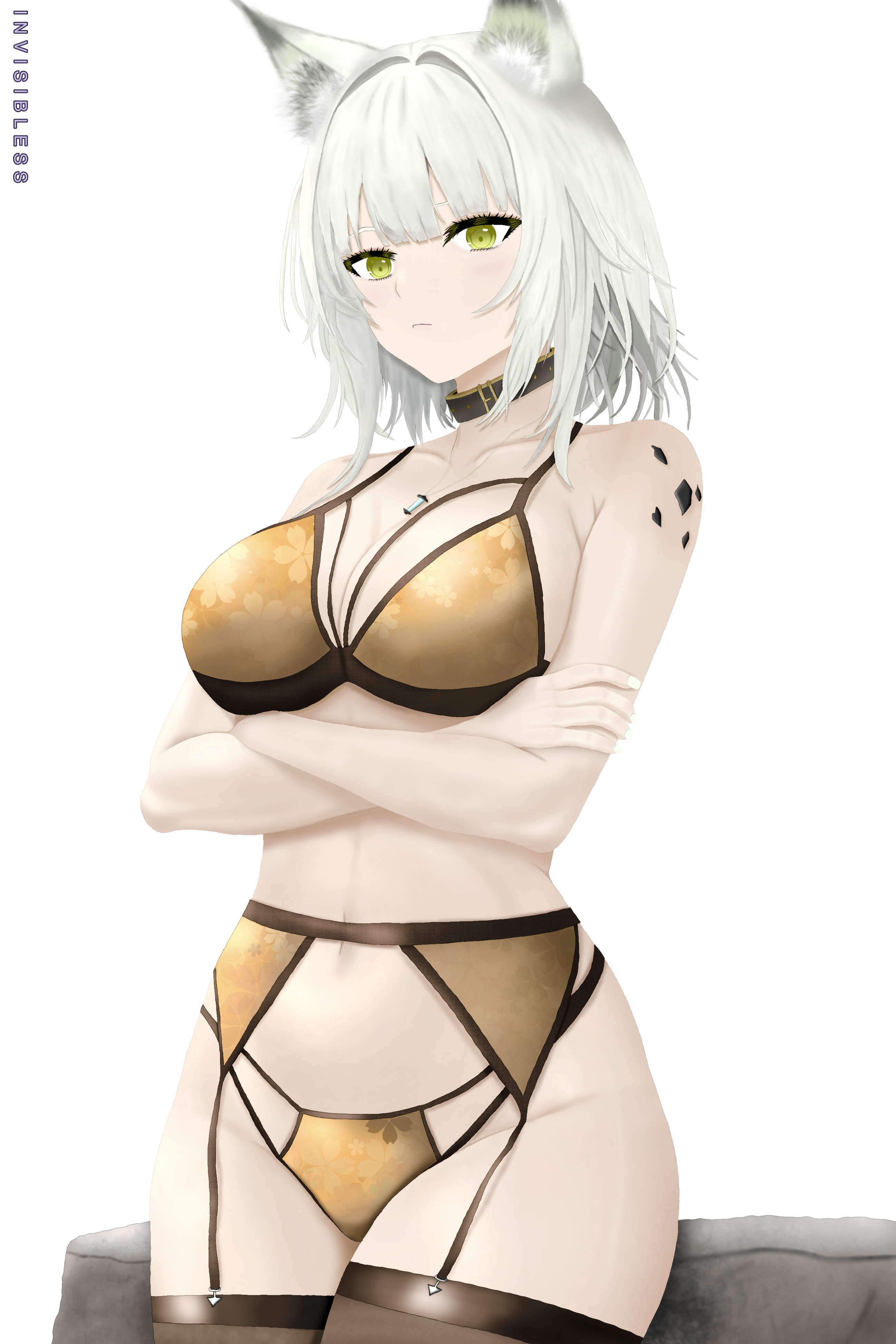 invisibless, kal'tsit (arknights), arknights, absurdres, commentary, english commentary, highres, 1girl, alternate costume, animal ears, artist name, bare shoulders, black collar, black thighhighs, bra, breasts, cat ears, cat girl, cleavage, closed mouth, collar, collarbone, crossed arms, feet out of frame, garter belt, garter straps, green eyes, lingerie, looking at viewer, material growth, medium breasts, medium hair, nail polish, navel, oripathy lesion (arknights), panties, solo, standing, thighhighs, underwear, white background, white hair, white nails, yellow bra, yellow panties