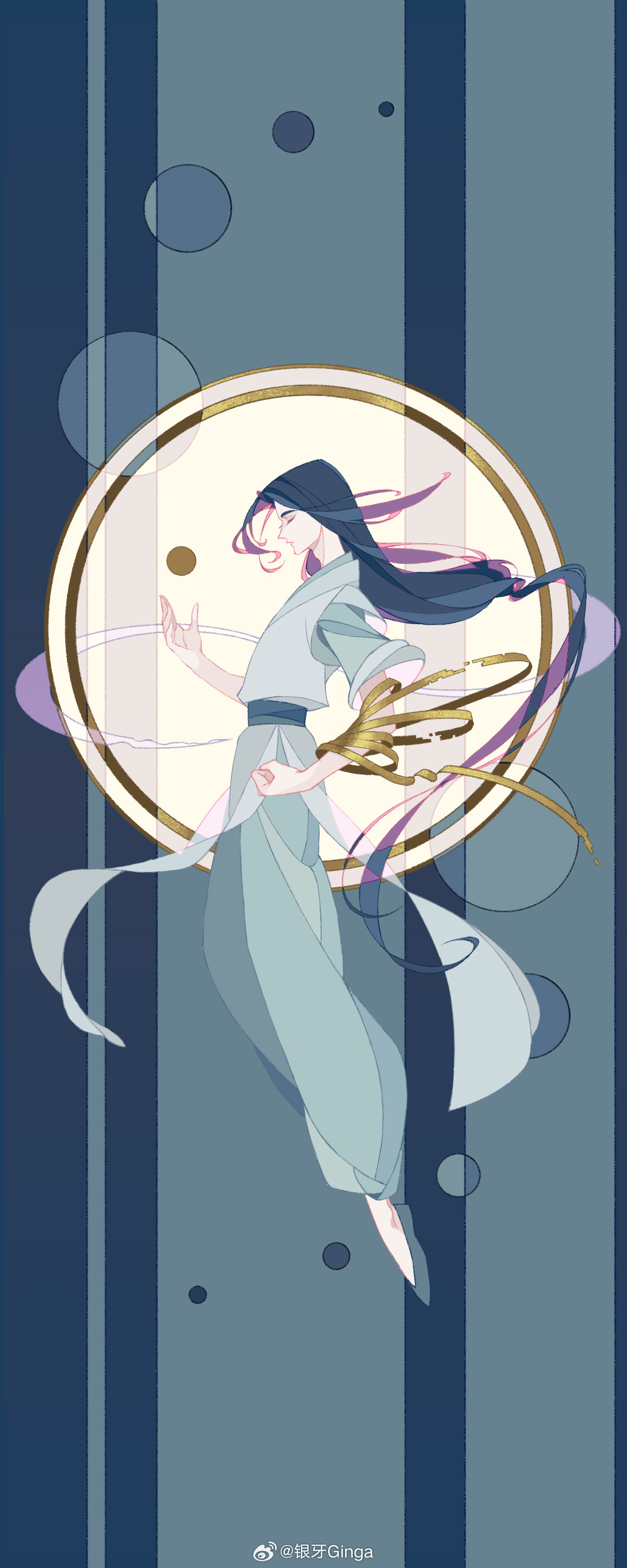 wuxian (the legend of luoxiaohei), luo xiaohei zhanji, absurdres, highres, 1boy, aqua shoes, chinese clothes, circle, closed eyes, floating hair, long hair, low-tied long hair, profile, shoes, short sleeves, solo, very long hair, weibo 1581197152