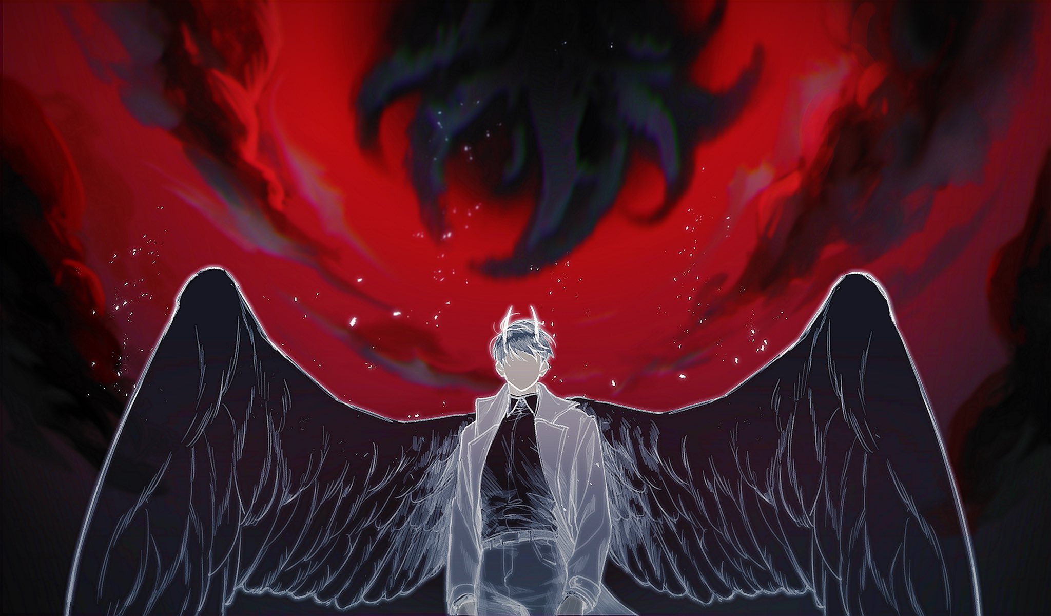guding nut, kim dokja, omniscient reader's viewpoint, highres, 1other, black hair, black shirt, black wings, cloud, cloudy sky, coat, cowboy shot, eldritch abomination, faceless, facing viewer, feathered wings, horns, indescribable distance, light particles, limited palette, open clothes, open coat, outline, popped collar, red sky, shirt, short hair, sky, standing, white coat, white horns, white outline, wings
