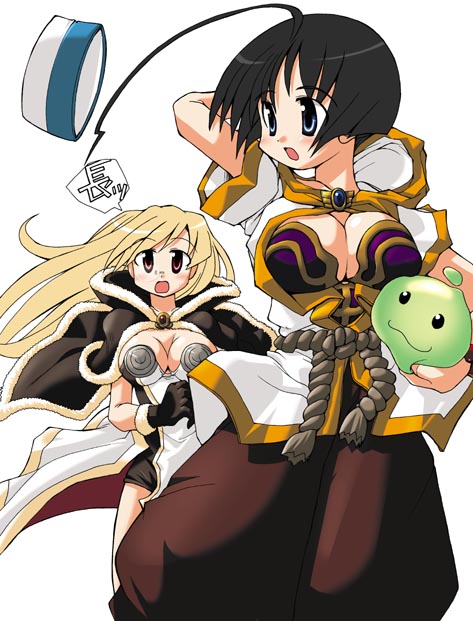hirowa nagi, high wizard (ragnarok online), monk (ragnarok online), poporing, ragnarok online, commentary request, 2000s (style), 2girls, :3, ahoge, arm behind head, black cape, black dress, black gloves, black hair, blonde hair, blue eyes, bob cut, breasts, brown eyes, brown pants, cape, cleavage, cowboy shot, dress, fur-trimmed cape, fur-trimmed gloves, fur trim, gloves, gold trim, hat, hat loss, huge ahoge, large breasts, long hair, looking at another, multiple girls, open mouth, pants, pillbox hat, purple shirt, rope belt, shirt, short dress, short hair, simple background, slime (creature), strapless, strapless dress, two-tone dress, white background, white dress, white hat, white shirt