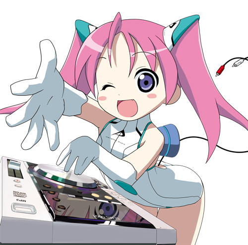 tsukigami runa, lowres, 1girl, ;d, bent over, blue eyes, blush, cable, female focus, foreshortening, gloves, long hair, looking at viewer, machinery, one eye closed, open mouth, outstretched arm, pink hair, screen, simple background, smile, solo, twintails, white background, white gloves