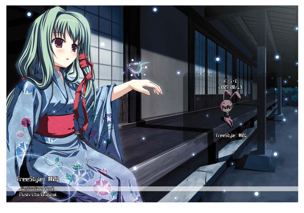 kazumasa, anmoto shiika, mushiuta, 1girl, :o, border, building, female focus, green hair, hair ribbon, house, japanese clothes, kimono, long sleeves, obi, outdoors, parted lips, pillar, porch, purple eyes, red ribbon, ribbon, sash, sitting, sliding doors, snowing, solo, veranda, wide sleeves, winter, wooden floor