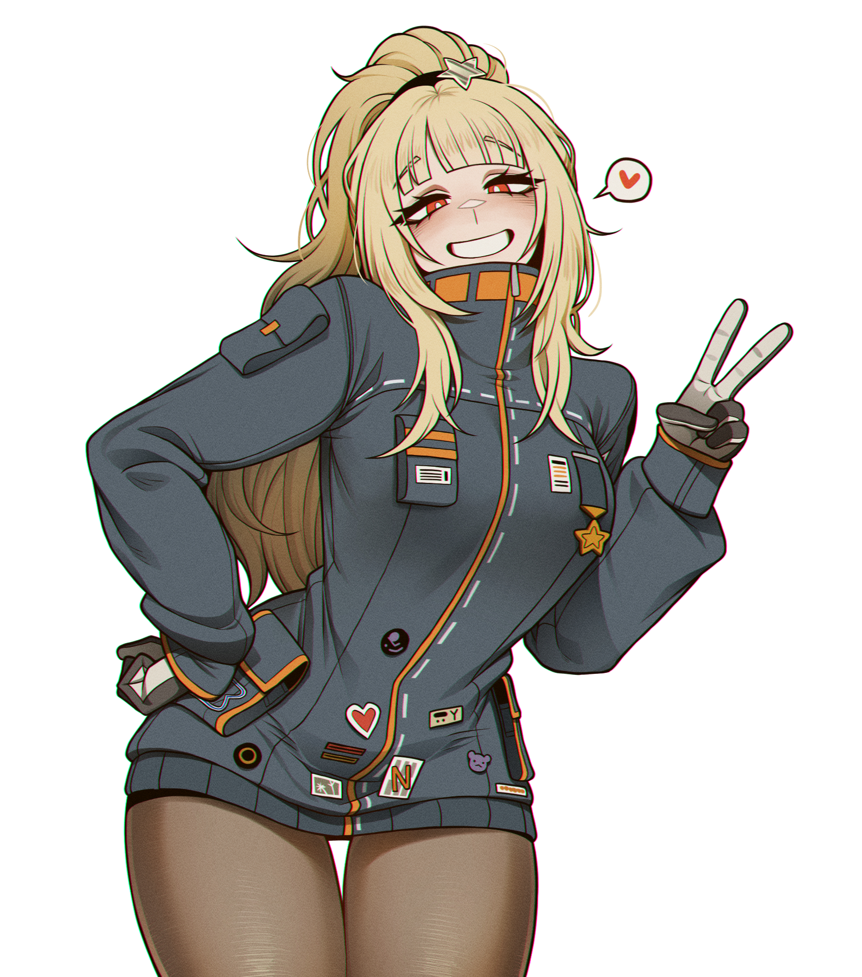 misg1111, ezra (project moon), project moon, highres, 1girl, black gloves, black jacket, black pantyhose, blonde hair, cowboy shot, gloves, hair ornament, hair tie, hand on own hip, hand up, heart, high ponytail, jacket, long hair, long sleeves, looking at viewer, pantyhose, ponytail, red eyes, simple background, smile, solo, spoken heart, star (symbol), star hair ornament, teeth, the distortion detective, two-tone gloves, v, white background, white gloves