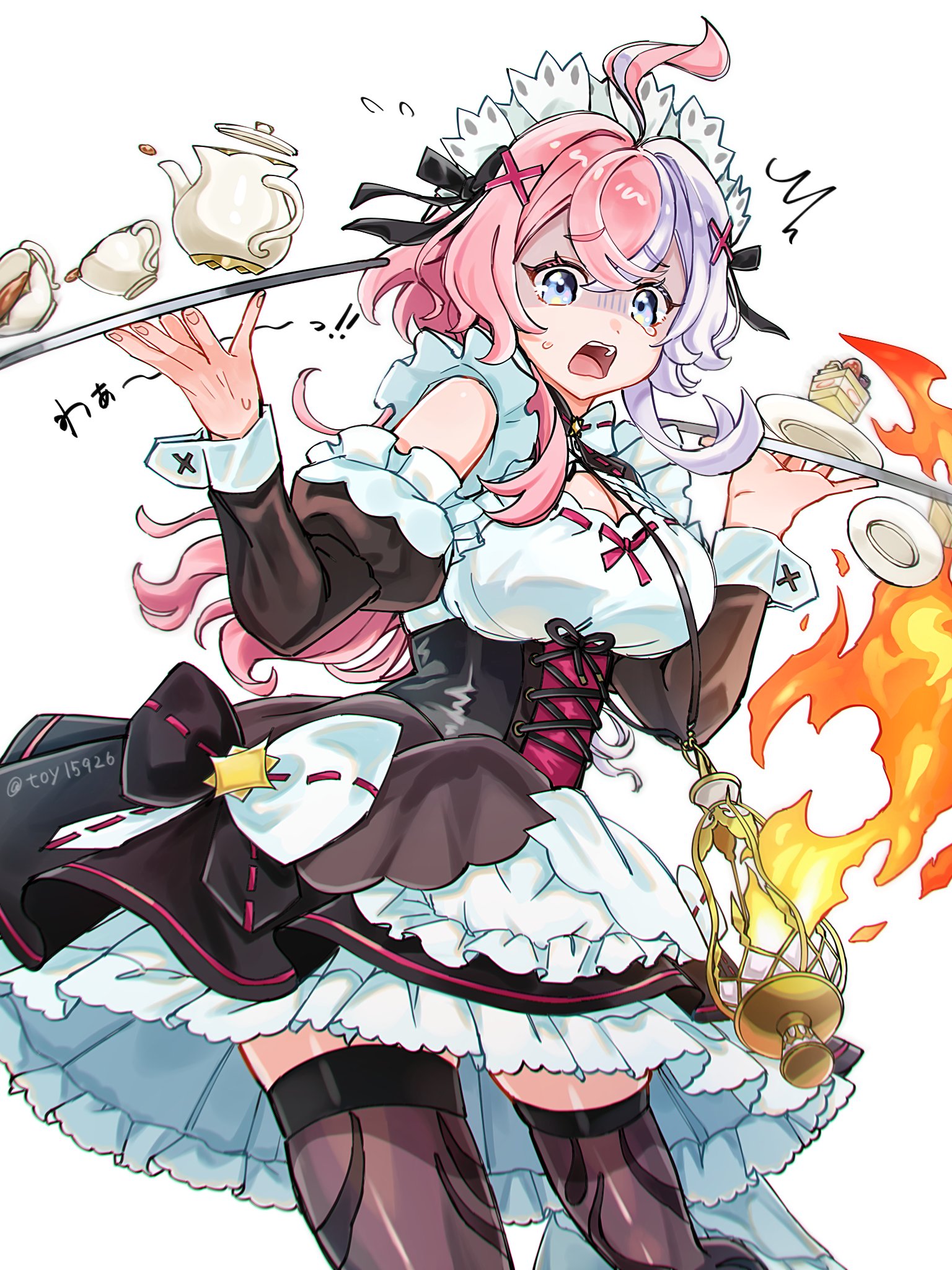 monster strike, highres, 1girl, @ @, ahoge, black thighhighs, blue eyes, breasts, cup, eris (monster strike), huge breasts, maid, maid headdress, multicolored hair, pink hair, plate, raised inner eyebrows, ribbon, skirt, solo, tearing up, thighhighs, toy15926