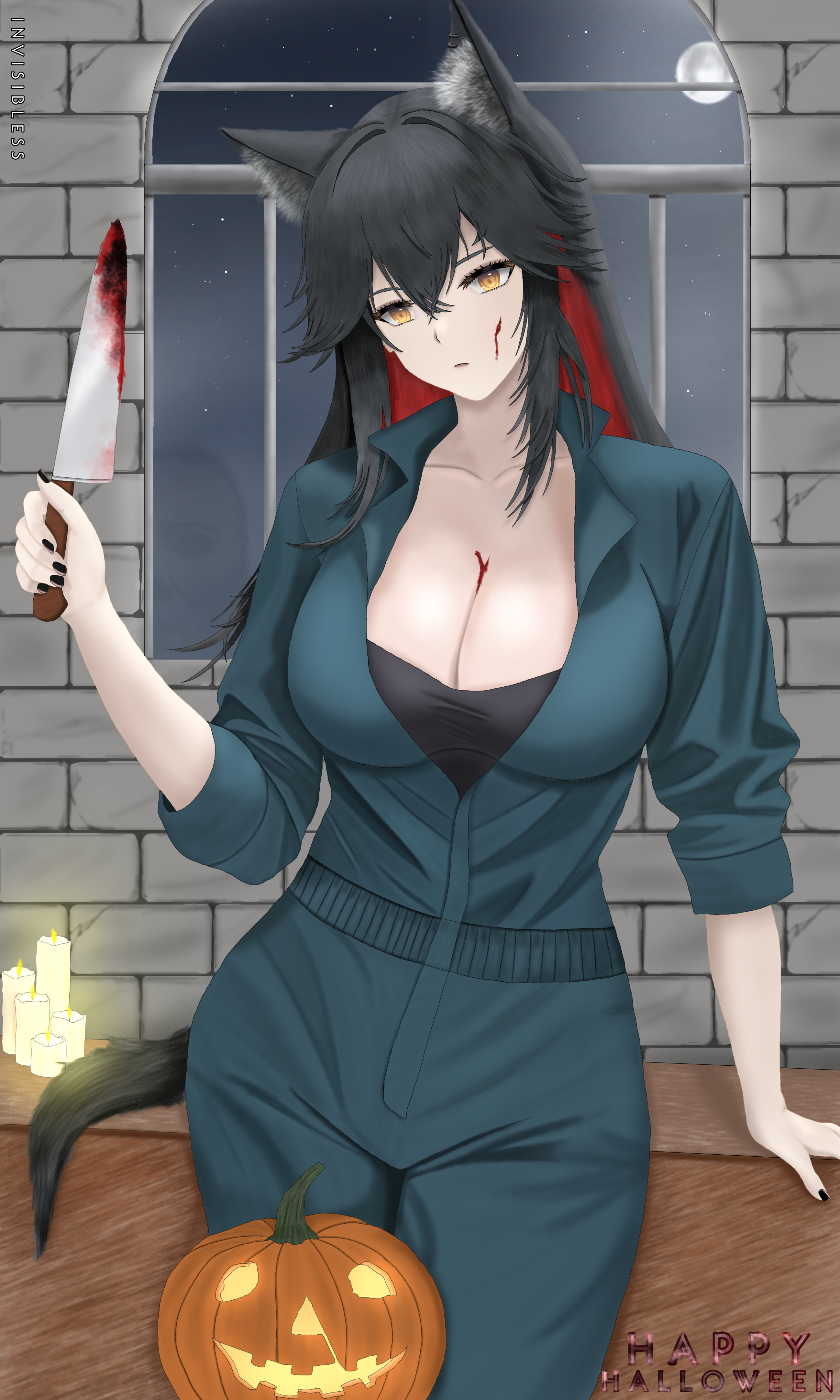 invisibless, texas (arknights), arknights, absurdres, commentary, english commentary, highres, 1girl, alternate costume, animal ears, arm up, artist name, black hair, black nails, blood, blood on breasts, blood on face, bloody knife, blue bodysuit, blue pants, blue shirt, bodysuit, breasts, brick wall, cleavage, closed mouth, collarbone, english text, feet out of frame, full moon, halloween, happy halloween, holding, holding knife, knife, long hair, looking at viewer, medium breasts, moon, nail polish, night, night sky, pants, shirt, sidelocks, sky, sleeves rolled up, solo, standing, tail, wolf ears, wolf girl, wolf tail, yellow eyes