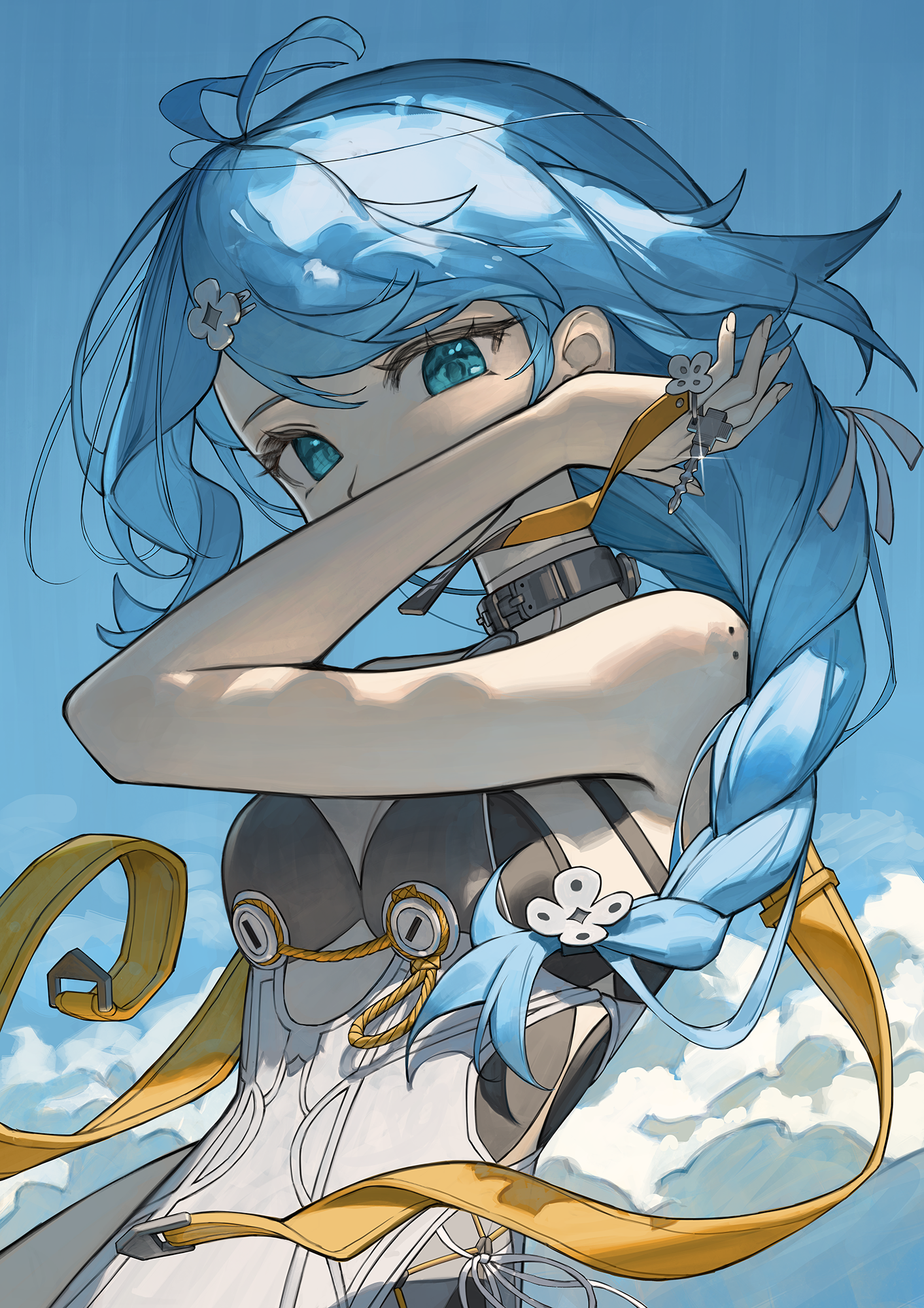 komodo, seed (zenless zone zero), zenless zone zero, highres, 1girl, ahoge, antenna hair, arm up, blue eyes, blue hair, blue sky, braid, braided ponytail, cloud, clover hair ornament, hair flaps, hair ornament, hairpin, leotard, looking at viewer, mole, mole on arm, mole on shoulder, outdoors, sky, solo, white leotard
