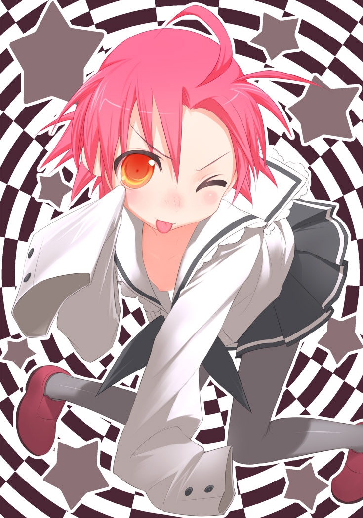 uni (plastic girl), kogami akira, lucky star, 00s, 1girl, breasts, downblouse, female focus, nipple slip, nipples, no bra, oversized clothes, pantyhose, pink hair, school uniform, serafuku, small breasts, solo, tongue