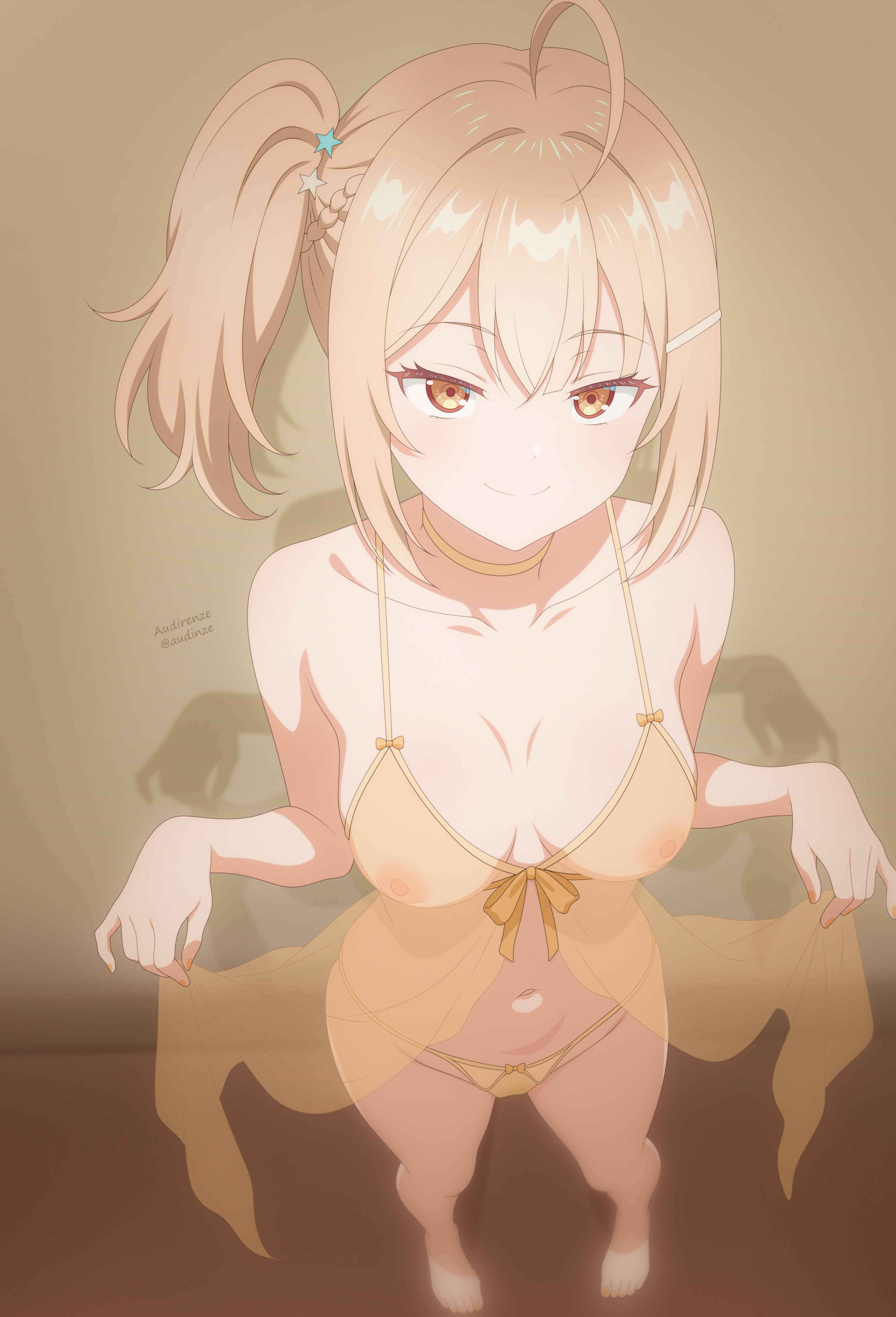 audirenze, miyamae nonoa, tokidoki bosotto roshia-go de dereru tonari no alya-san, absurdres, commentary request, highres, 1girl, ahoge, babydoll, barefoot, blonde hair, breasts, closed mouth, covered erect nipples, foreshortening, full body, hair between eyes, legs, looking at viewer, medium breasts, navel, panties, side ponytail, smile, solo, standing, underwear, yellow babydoll, yellow eyes, yellow panties