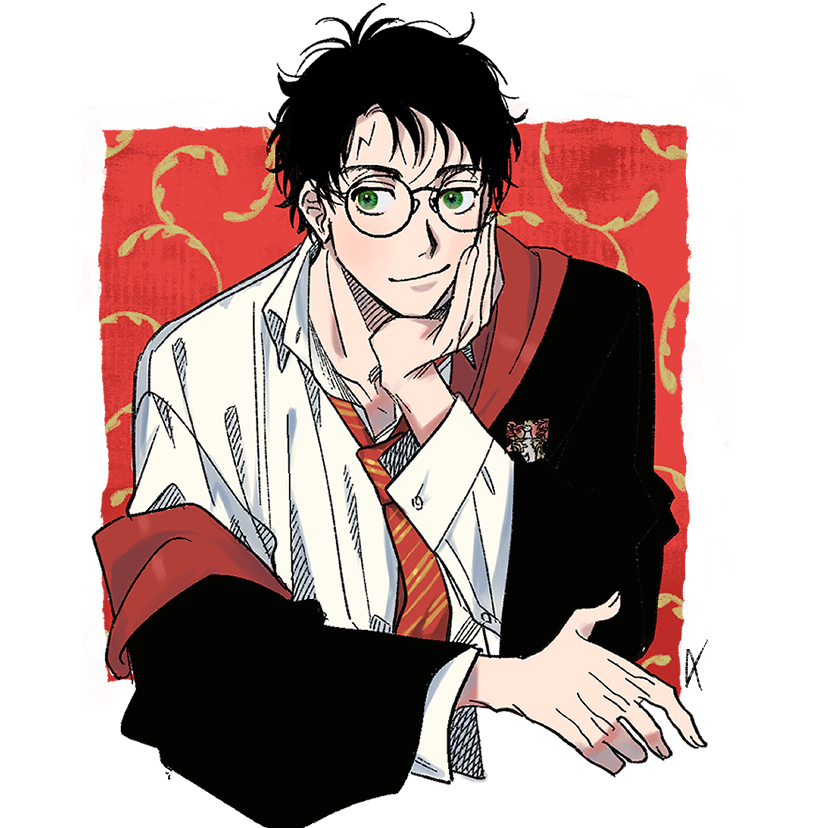 harry potter, harry potter (series), wizarding world, commentary, 1boy, black hair, border, closed mouth, glasses, green eyes, gryffindor, hogwarts school uniform, ma o kl, male focus, necktie, school uniform, shirt, short hair, smile, solo, upper body, white border, white shirt